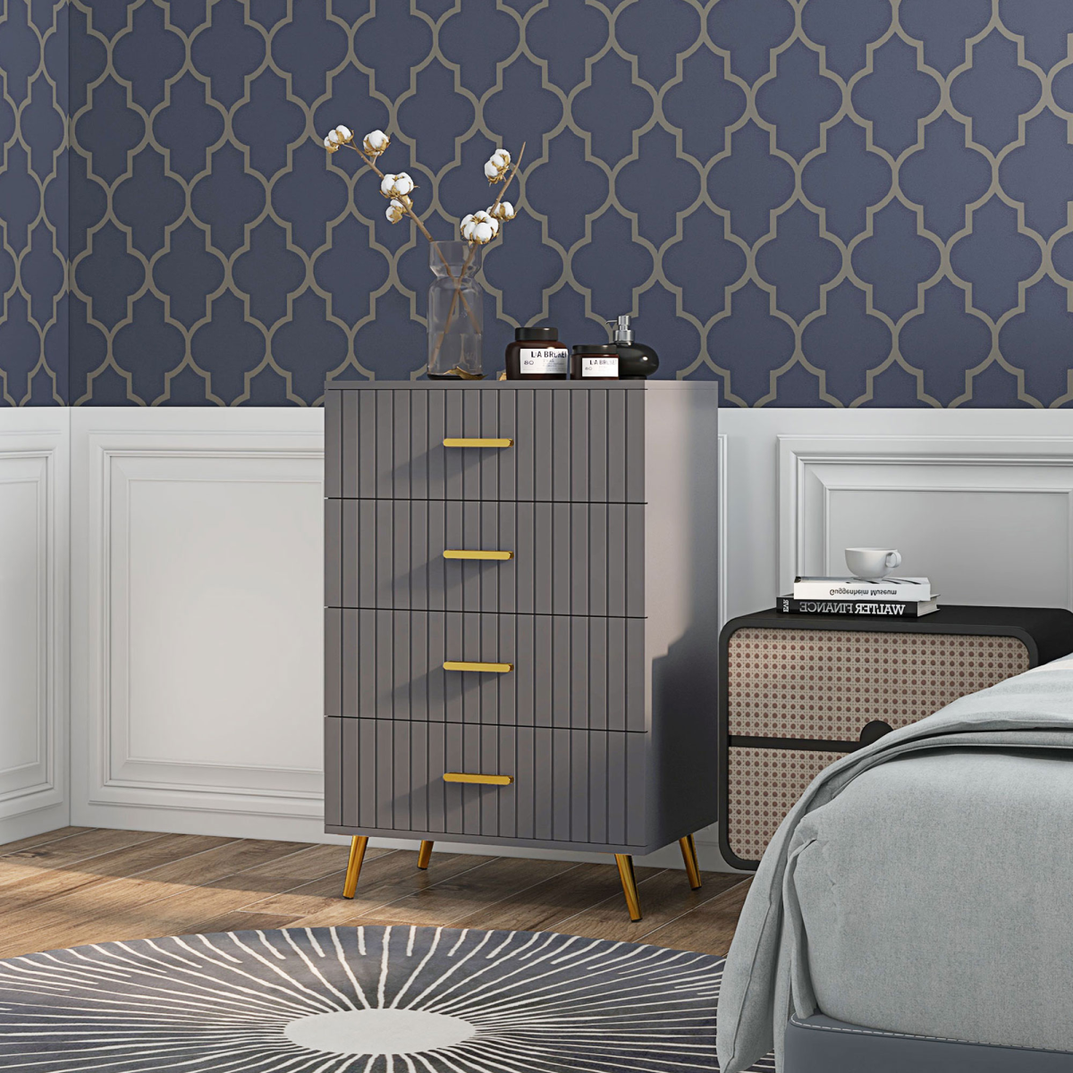 HOMCOM 4-Drawer Chest of Drawers, Grey with Gold Accents, Aluminium Legs