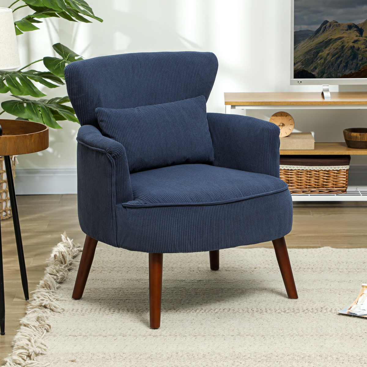 HOMCOM Blue Corduroy Wingback Armchair with Padded Seat & Backrest