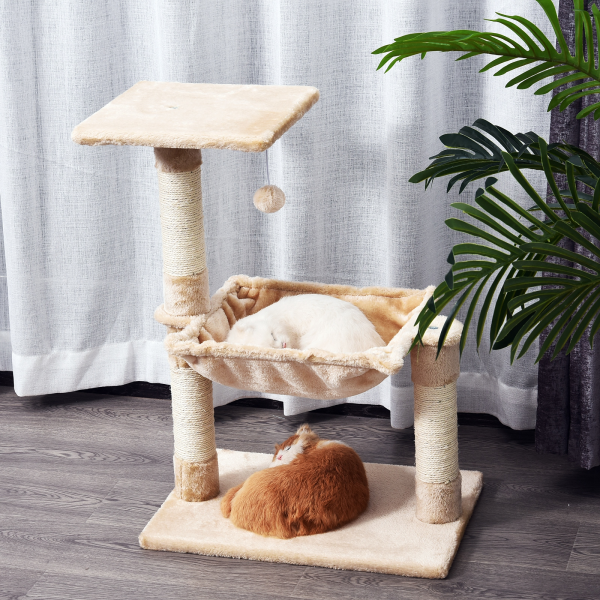 Pawhut Cat Activity Tree Two-Tier Play Tower with Sisal Scratching Posts, Hammock and Top Perch