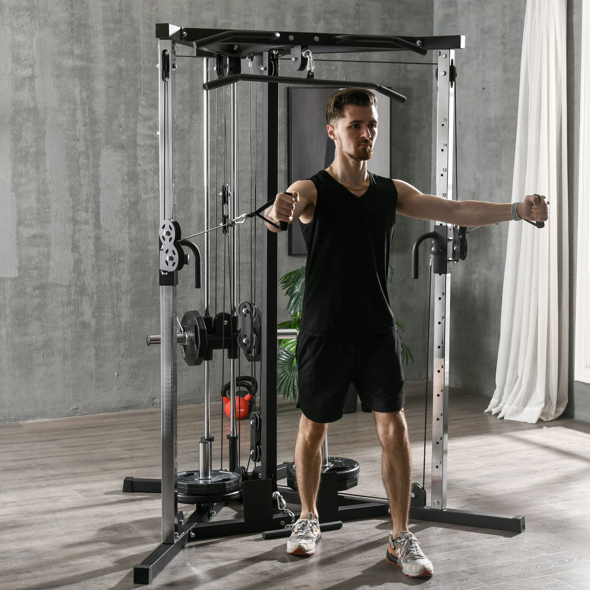 SPORTNOW Adjustable Home Gym Machine with Dual Pulley System