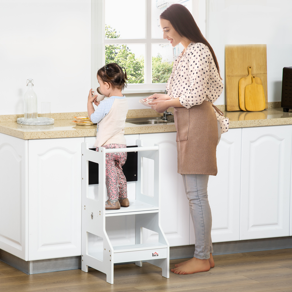 HOMCOM 2-in-1 Kids Learning Tower Step Stool with Safety Rail