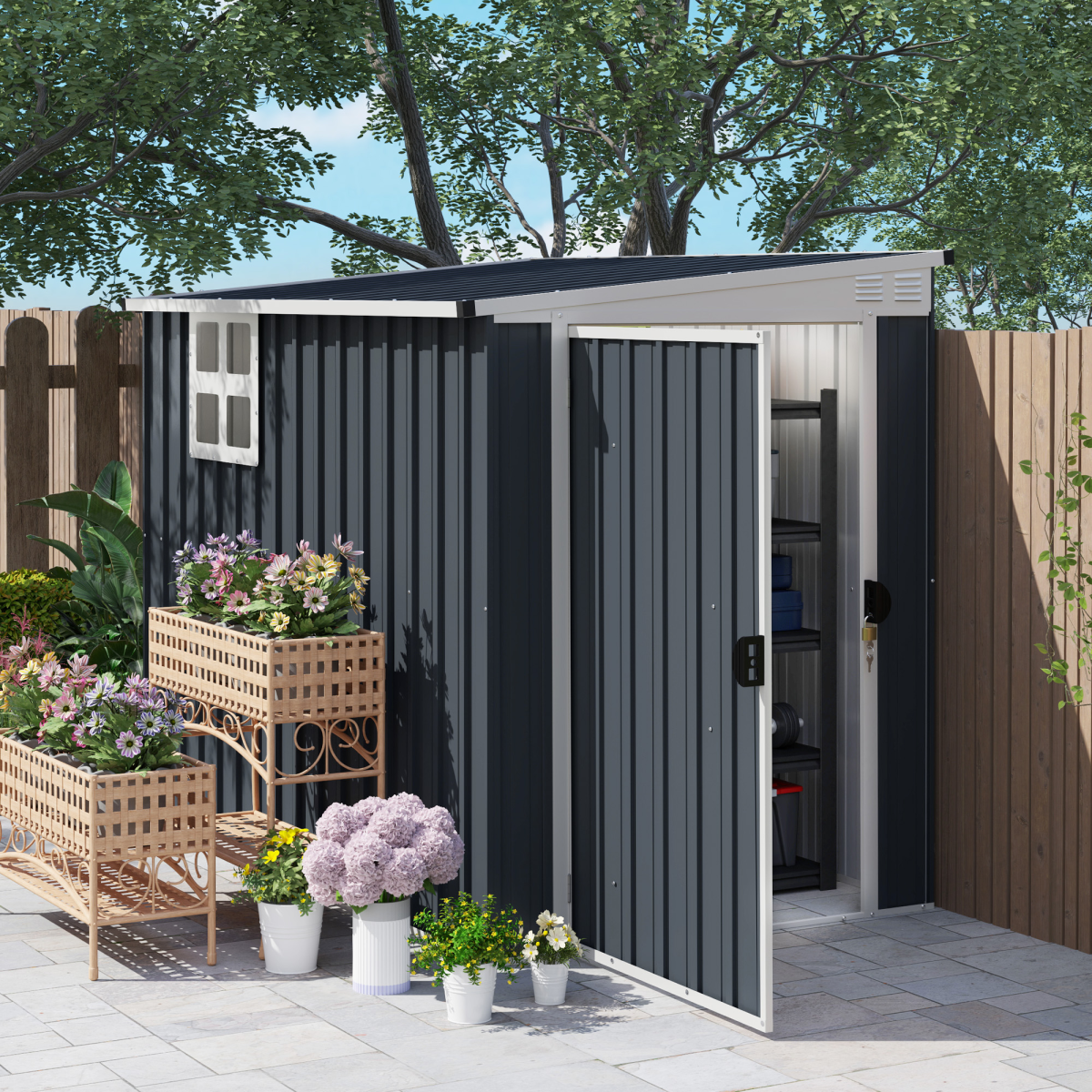 Outsunny Dark Grey Galvanised Steel Garden Storage Shed with Window
