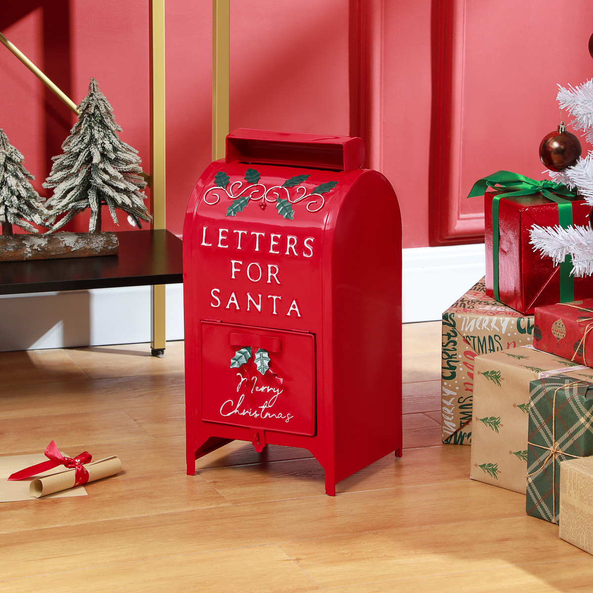 HOMCOM Red Steel Christmas Post Box, Freestanding or Wall Mounted