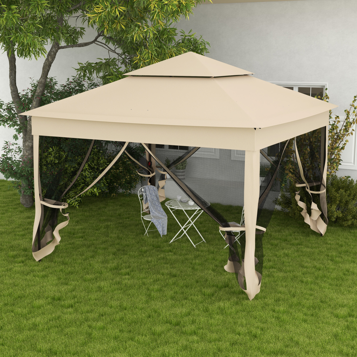 Outsunny 3.25 x 3.25m Folding Garden Pop Up Gazebo Tent with Metal Frame, Polyester Canopy, Cream White Sidewalls