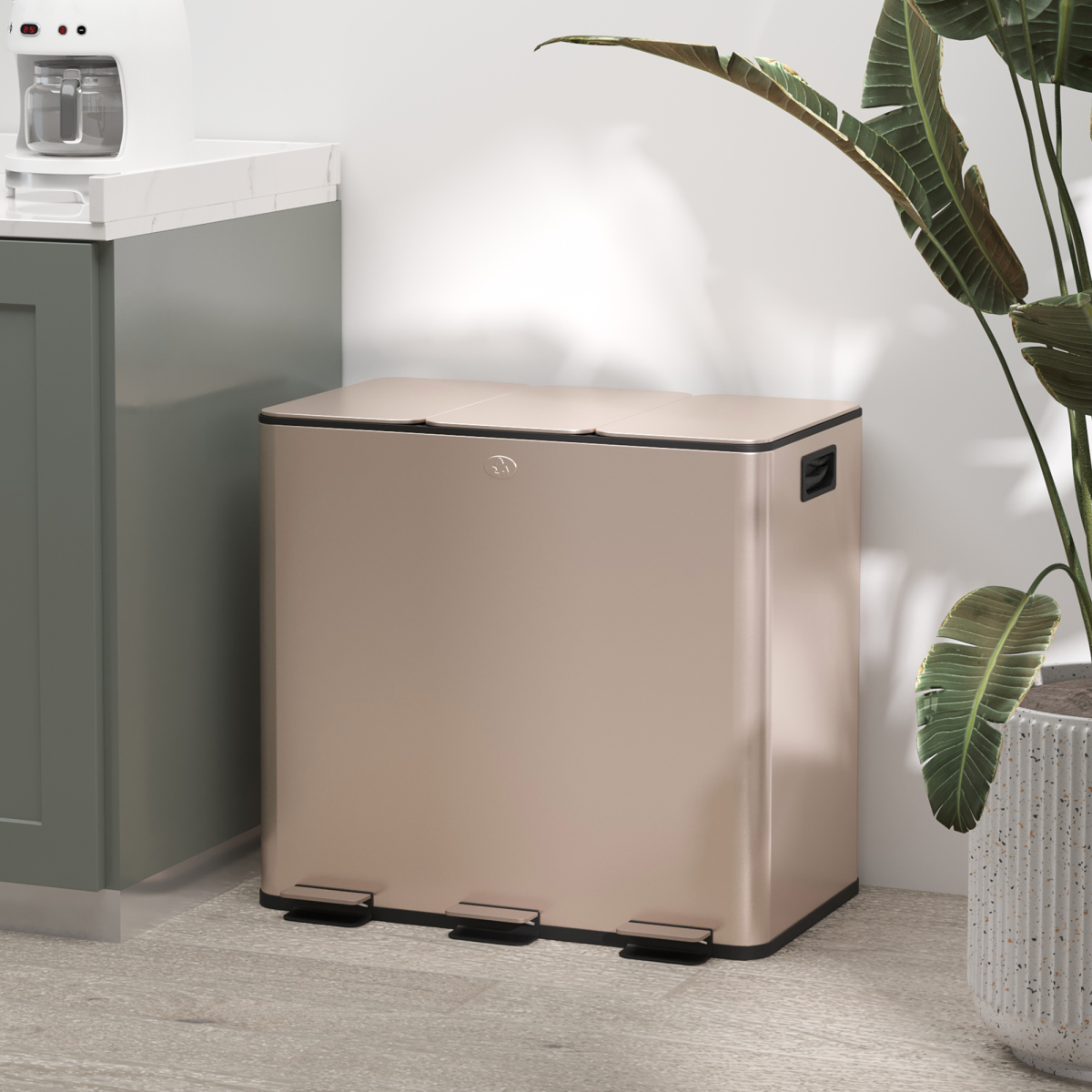 PawHut 3 x 15L Triple Kitchen Recycling Pedal Bin, Gold Tone