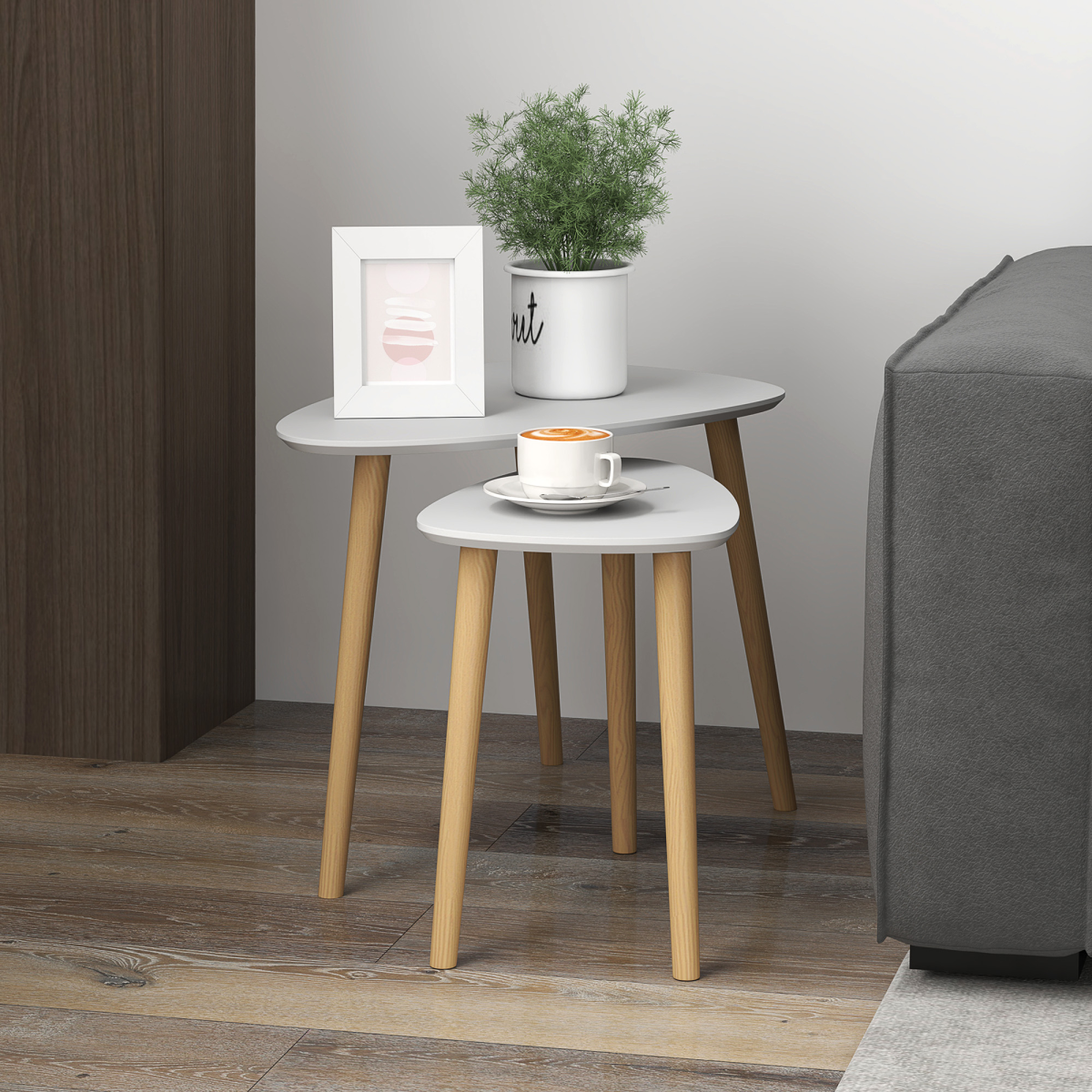 HOMCOM Set of 2 Modern Nesting Side Tables, Grey and Natural
