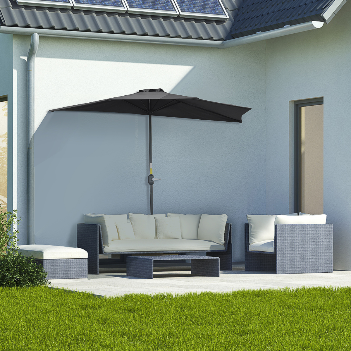 Outsunny 3 (m) Metal Frame Garden Furniture Parasol Half Round Umbrella Black