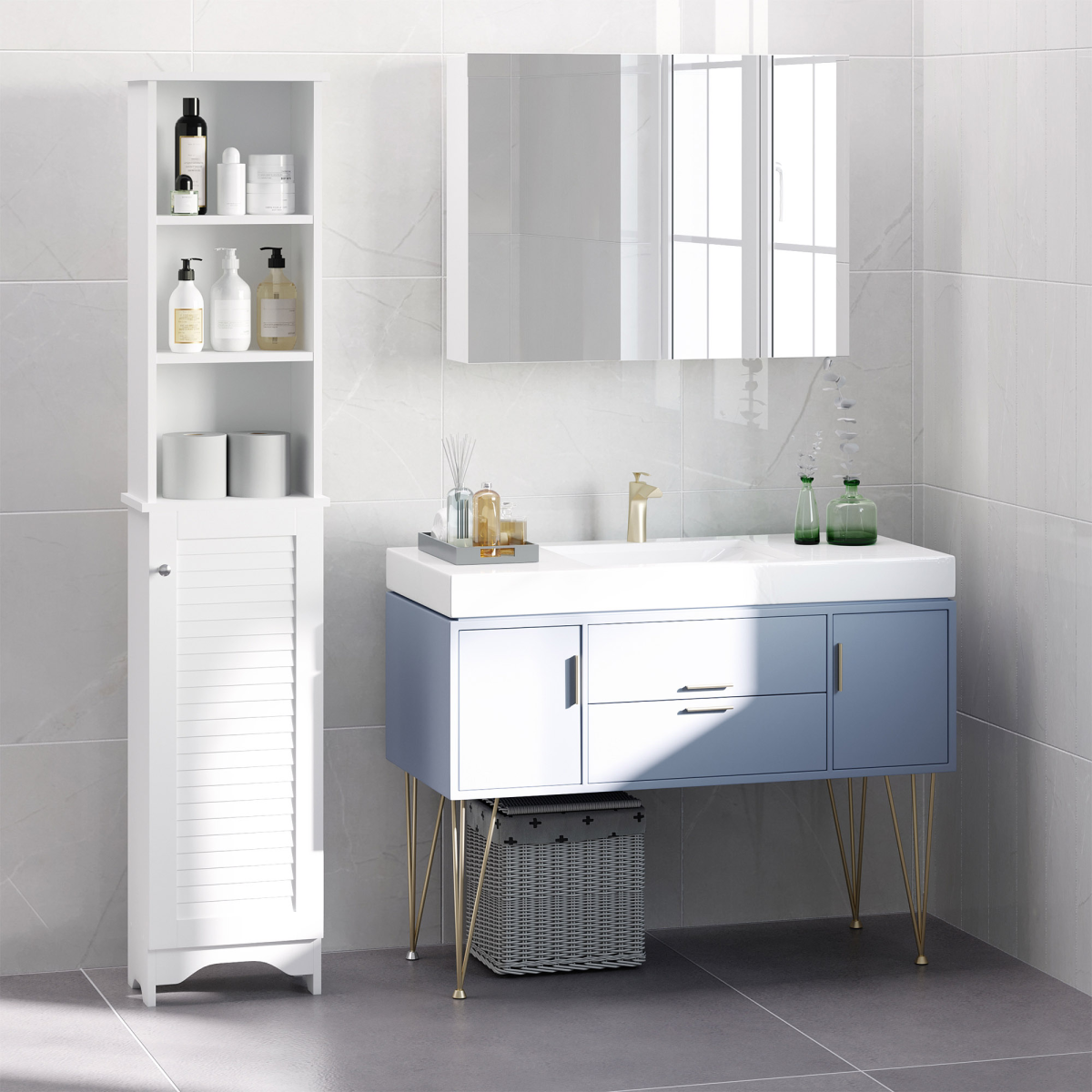 HOMCOM 6-Tier Tall Bathroom Storage Cabinet White with Open Shelves, Adjustable Shelves and Cupboard
