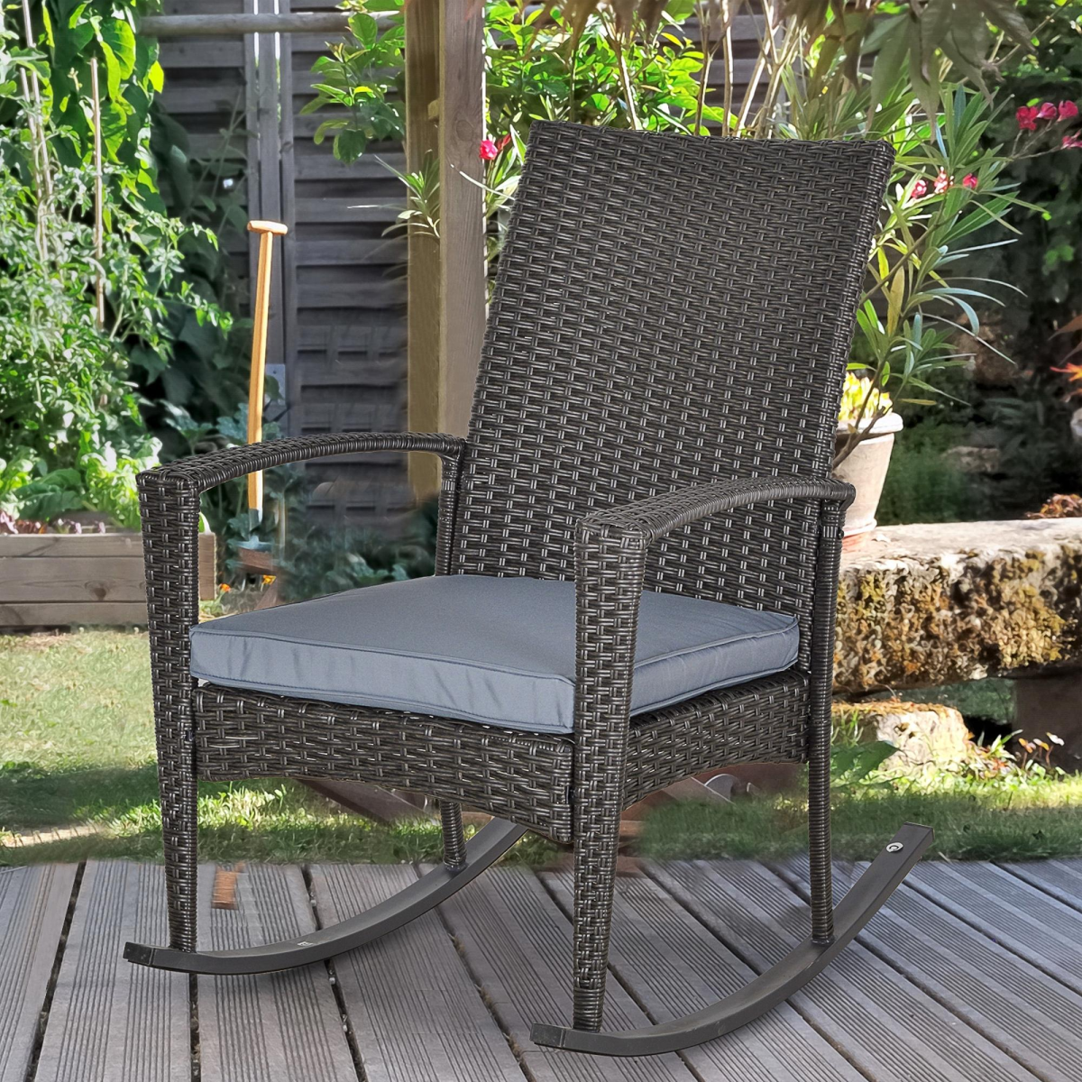 Outsunny Grey PE Rattan Outdoor Rocking Garden Chair with Cushion