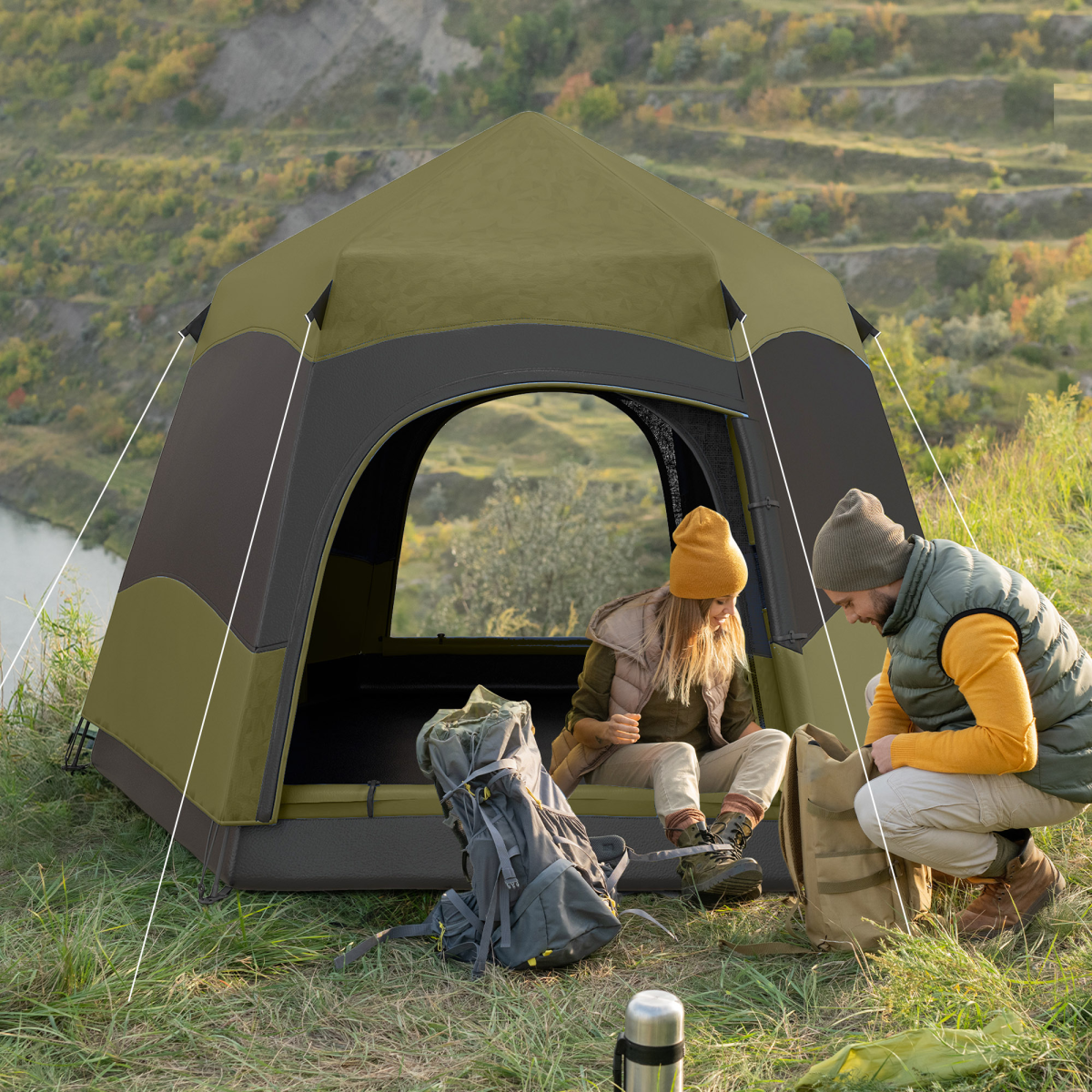 Outsunny 4-6 Person Pop-Up Camping Tent with Mesh Windows, Green