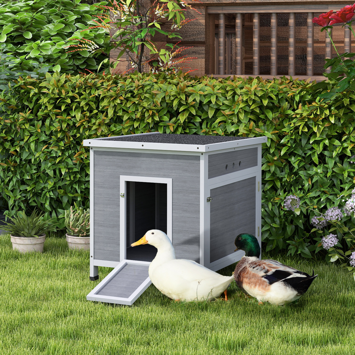 PawHut Wooden Duck House Coop with Double Doors, Openable Roof, Grey