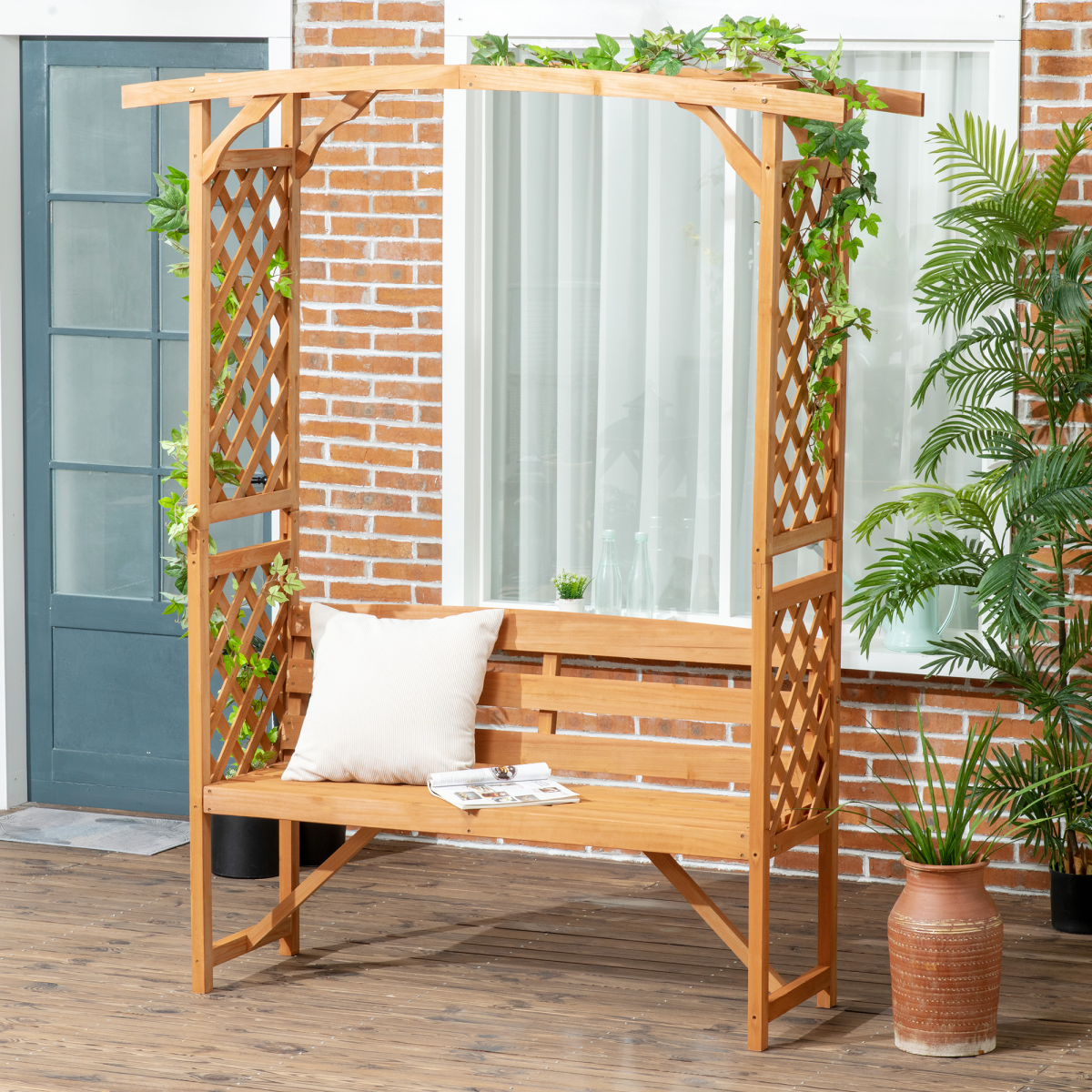 Outsunny Wooden Garden Bench with Arch Pergola, Natural Finish