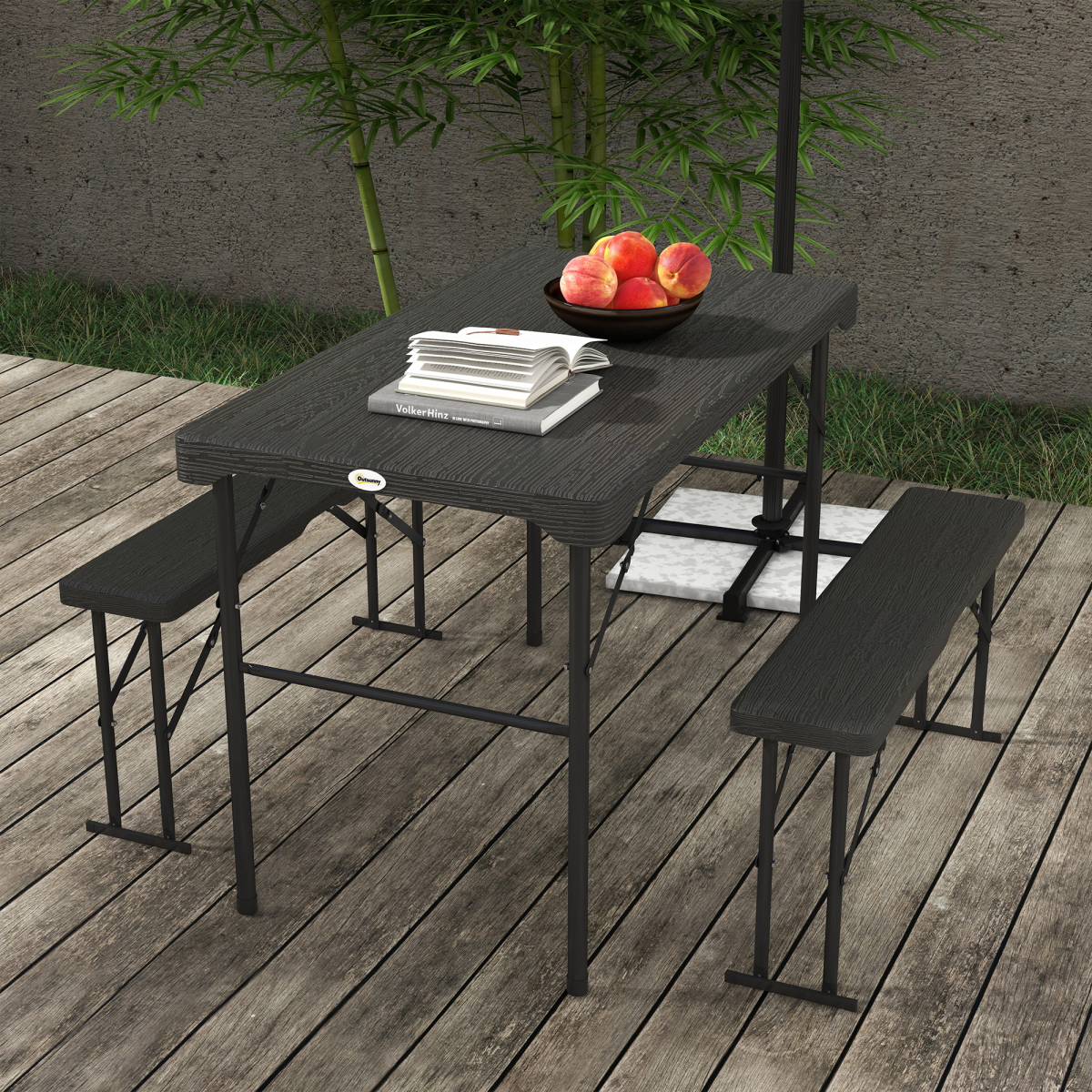 Outsunny 3-Piece Foldable HDPE Picnic Table Set with 2 Benches for 6, Dark Grey
