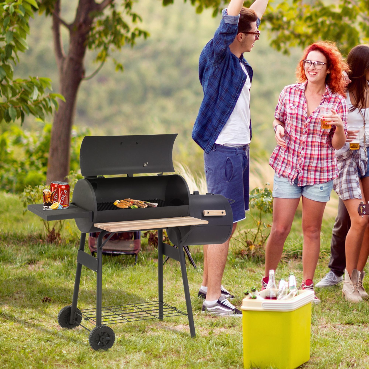 Outsunny Portable Charcoal BBQ Grill with Offset Smoker, Steel, Thermometer, Side Shelves and Wheels