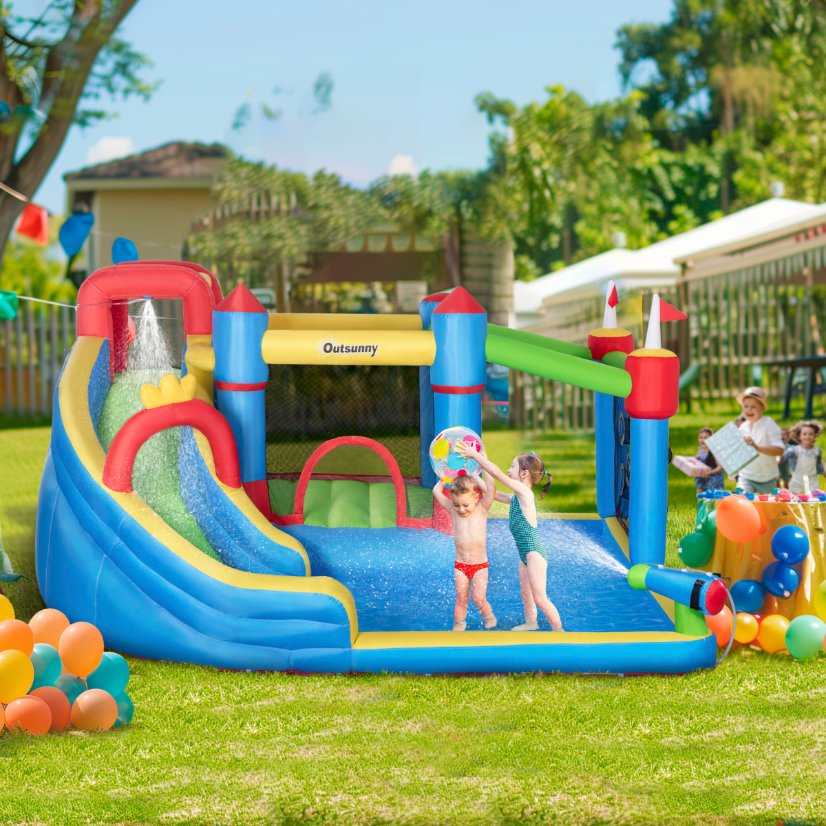 Outsunny Kids Inflatable Bouncy Castle 6-in-1 Water Slide with Trampoline, Climbing Wall, Throwing Wall, Water Gun and 450W Air Blower