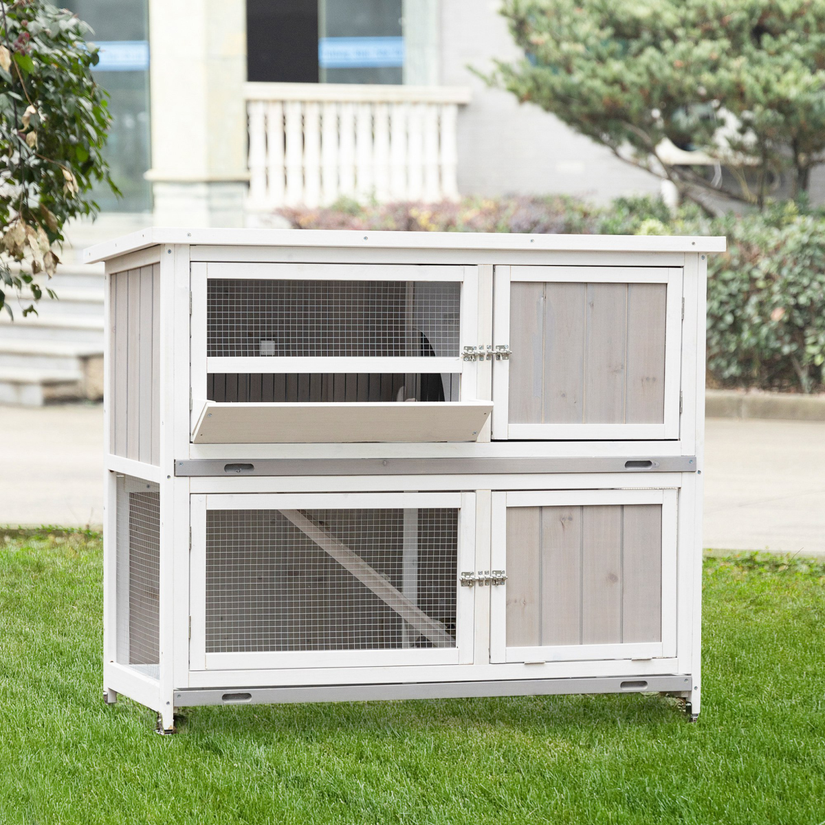 Two-Tier Wooden Rabbit Hutch with Wheels, Tray & Rain Cover