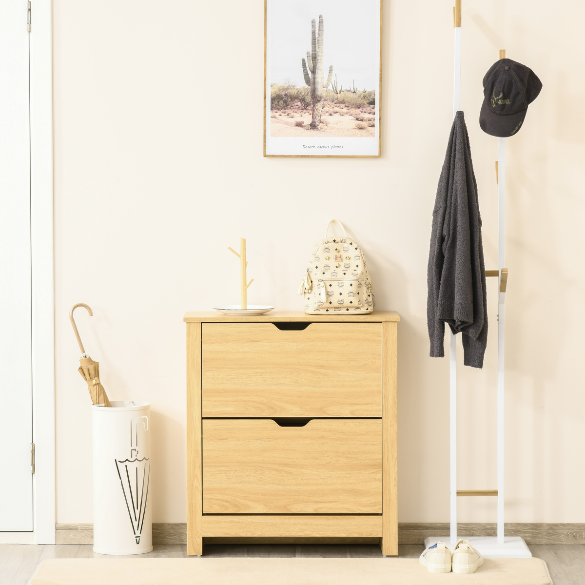 12-Pair Shoe Storage Cabinet with 2 Drawers, 4 Shelves and Tabletop, Brown