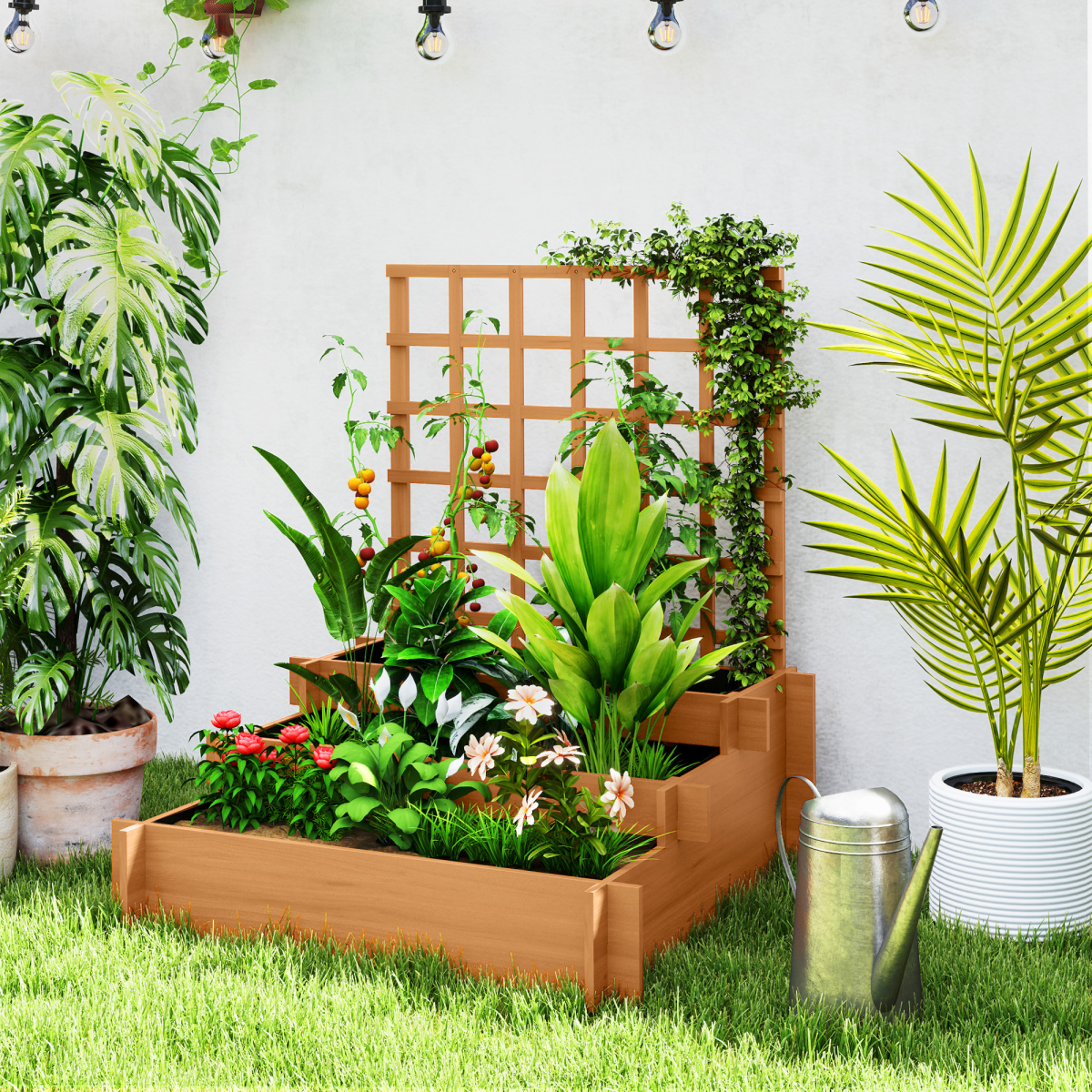 Outsunny Fir Wood Climbing Plant Trellis with 3 Planters, Brown