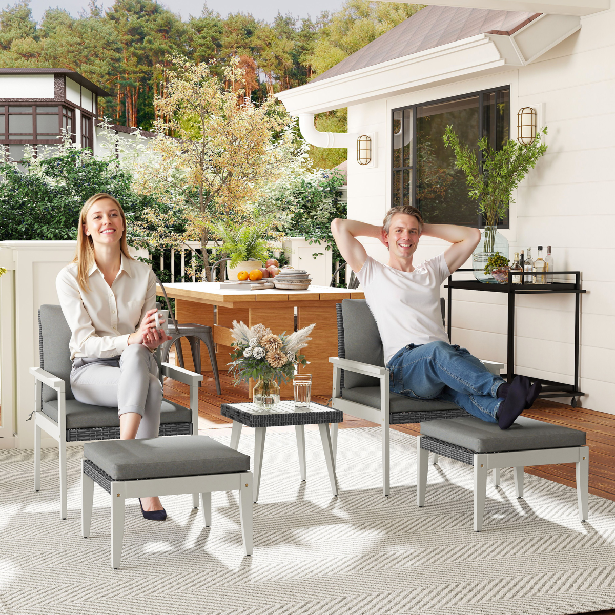 Outsunny 5-Piece Rattan Patio Set with Cushions & Acacia Wood Table