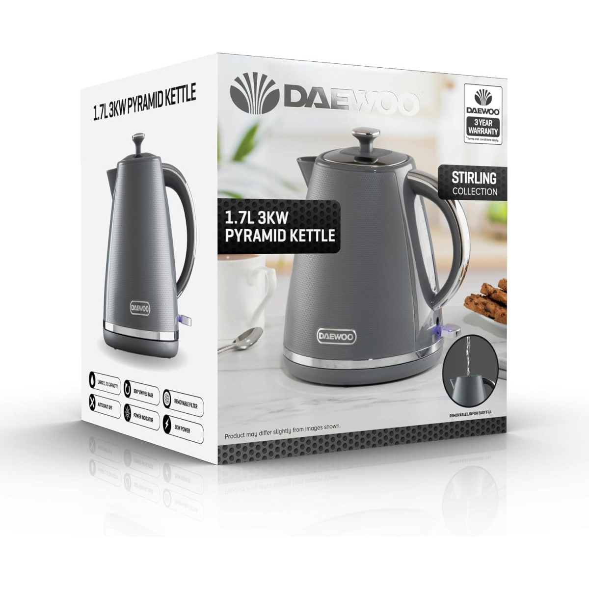 Daewoo Stirling 1.7L Pyramid Electric Kettle 3000w Grey  SDA2625