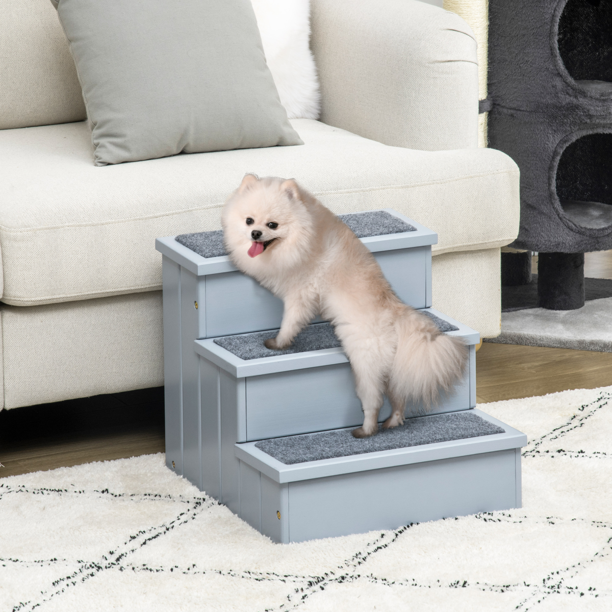 3-Step Wooden Dog Stairs with Hidden Storage, Grey