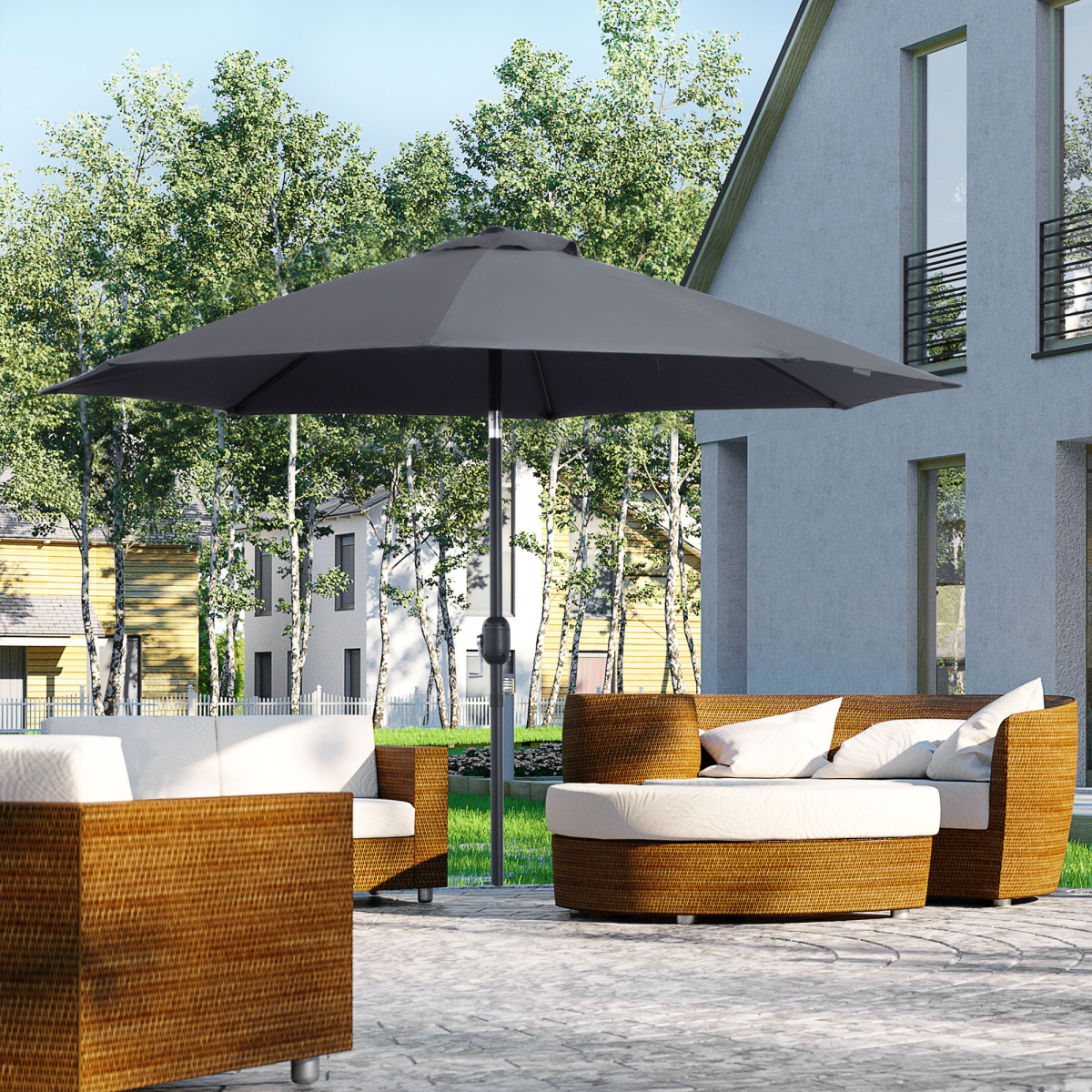 Outsunny 2.65m Patio Sun Umbrella Parasol with Tilt, Crank Handle, Aluminium Pole, Charcoal Grey