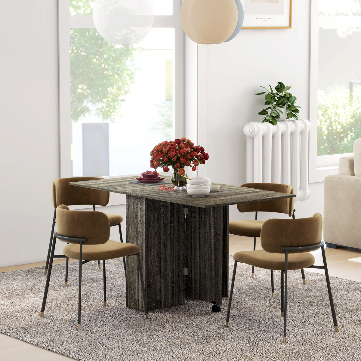 AIYAPLAY Grey Mobile Drop Leaf Dining Table with Wheels & Shelves