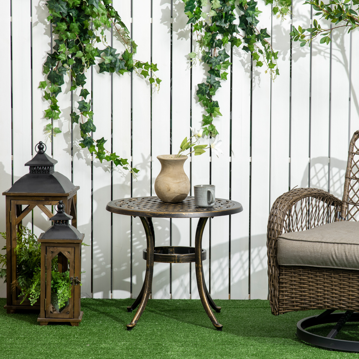 Outsunny 60cm Round Hollow Top Design Side Table with Cast Aluminum Frame