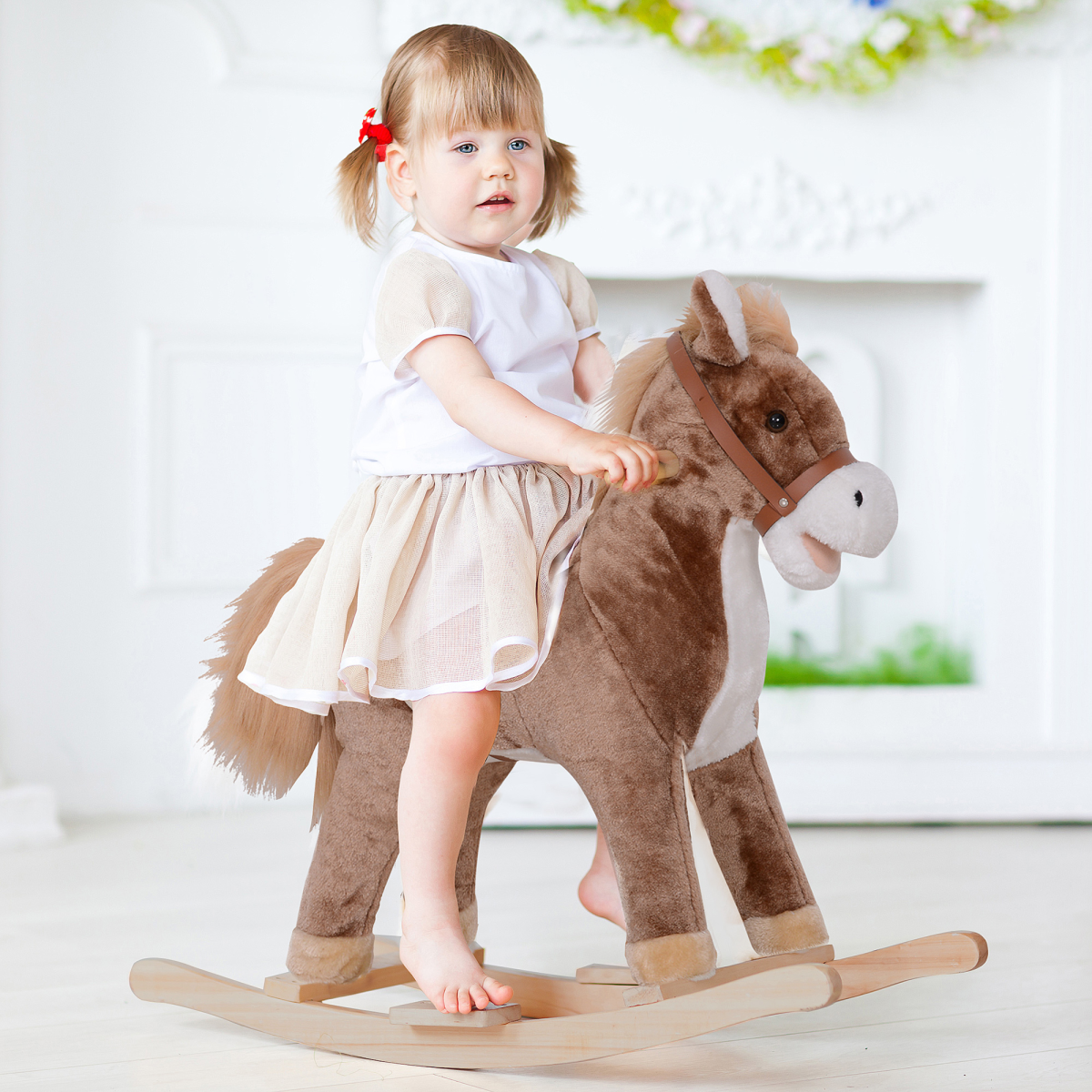 HOMCOM Kids Wooden Plush Rocking Horse Ride-On Toy, Age 3+