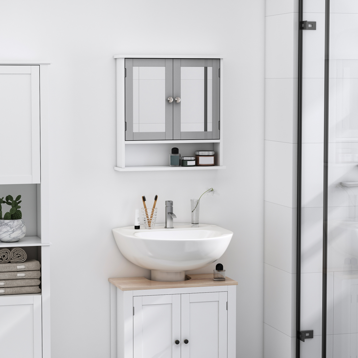 Mirror Cabinet Wall Mounted with Double Mirrored Doors, Hanging Cabinet, Grey
