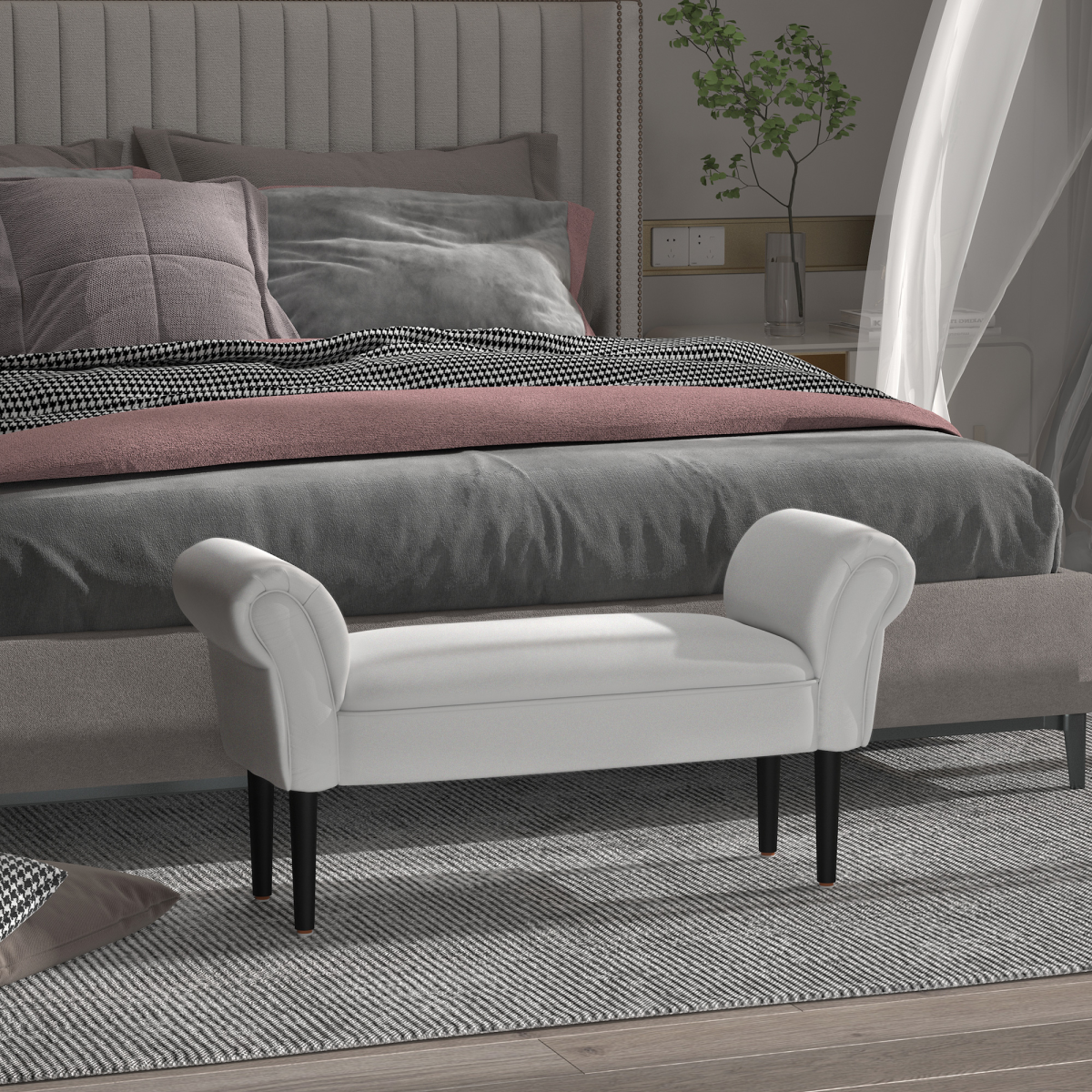 Flannelette Upholstered End Bench with Wooden Legs and Rolled Ends