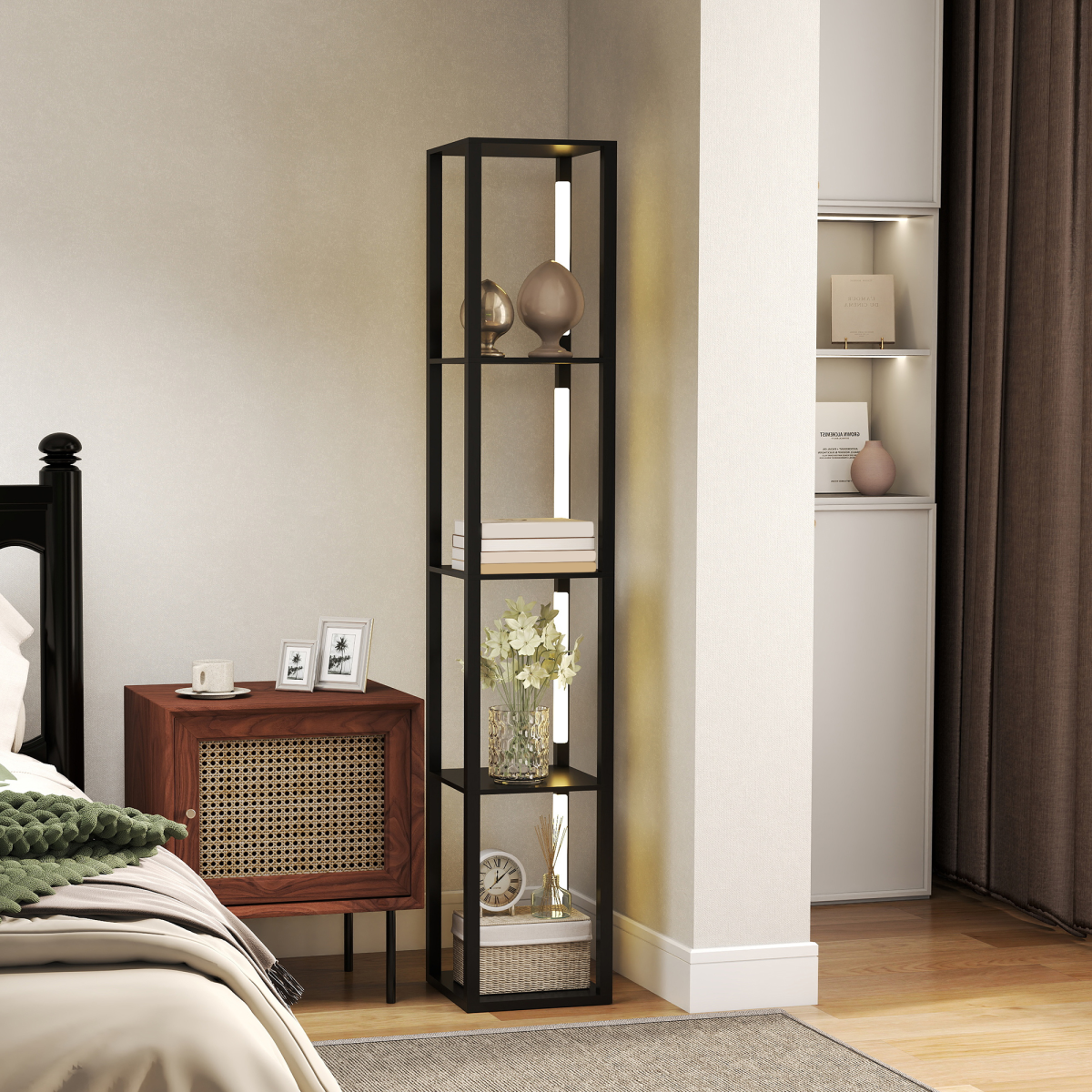 HOMCOM Black Floor Lamp with 4-Tier Shelf, Foot Switch, 3 Brightness Levels