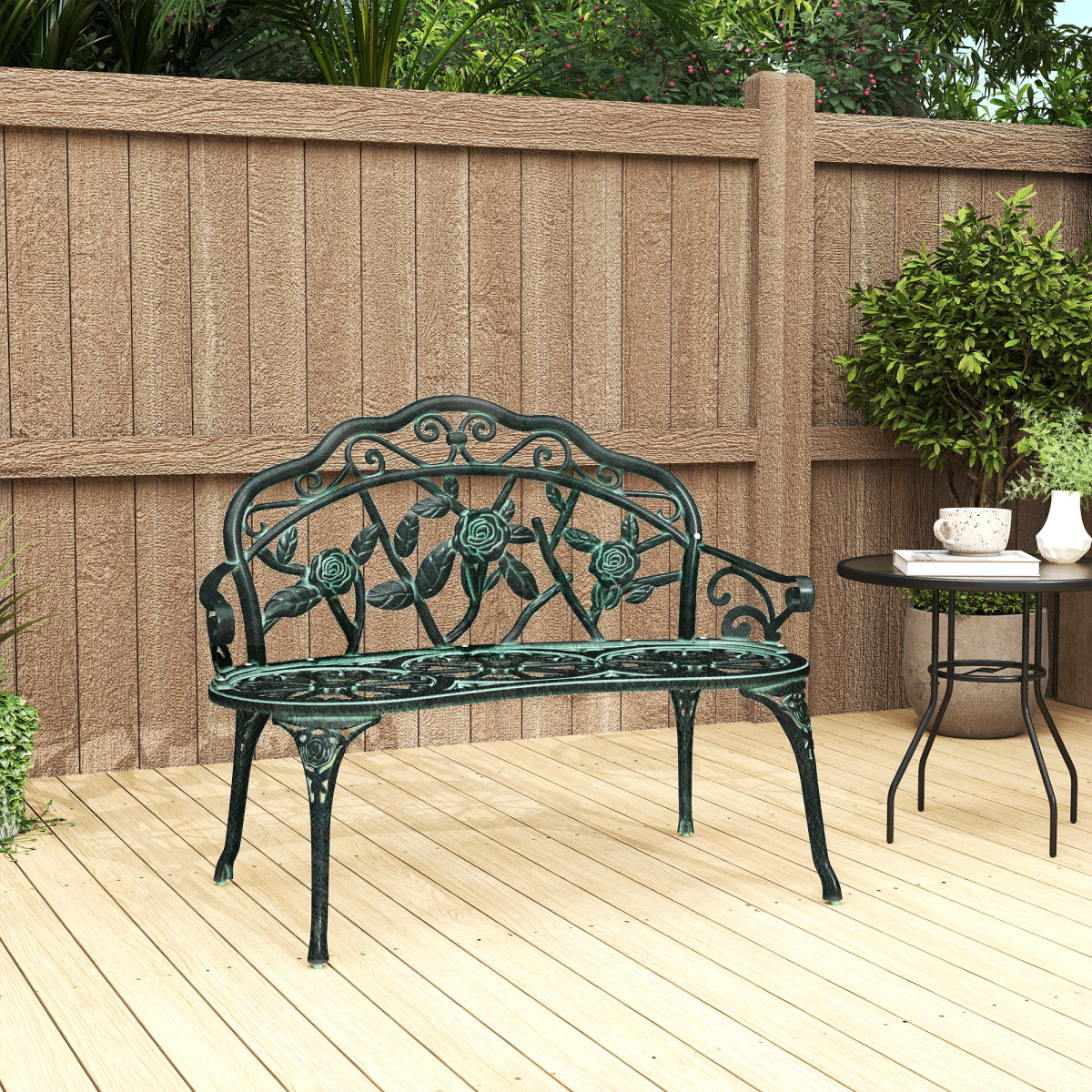 Outsunny Antique Style Cast Aluminum Garden Bench with Curved Back, Rose Pattern, Verdigris Finish