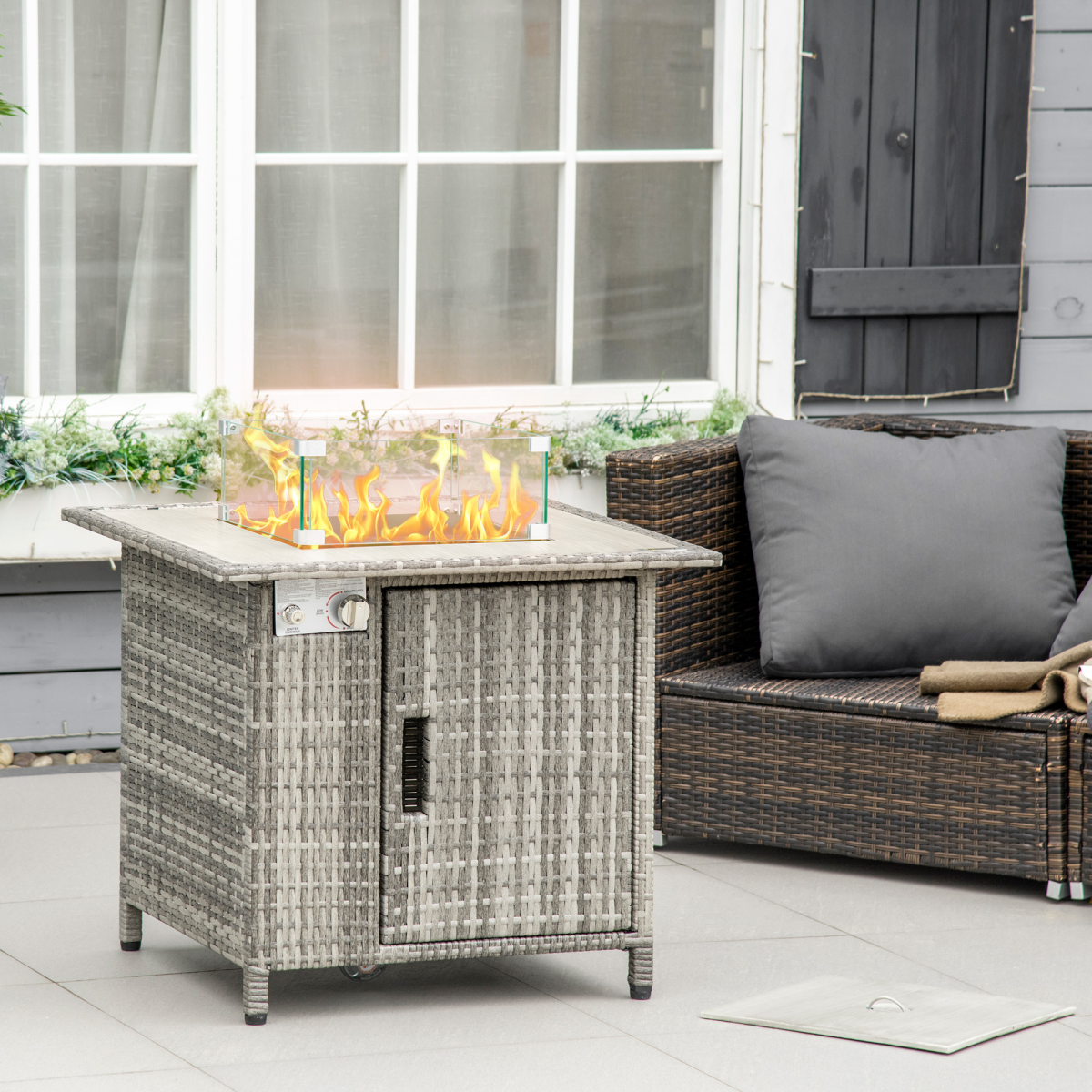 Outsunny Gas Fire Pit Table, 50,000 BTU, Rain Cover & Wind Guard
