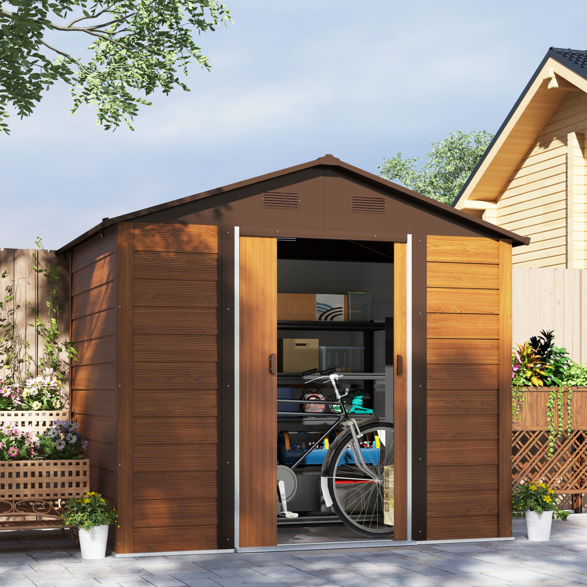 Outsunny 7.7x6.4ft Garden Shed, Sliding Door, Lockable, Wood Effect