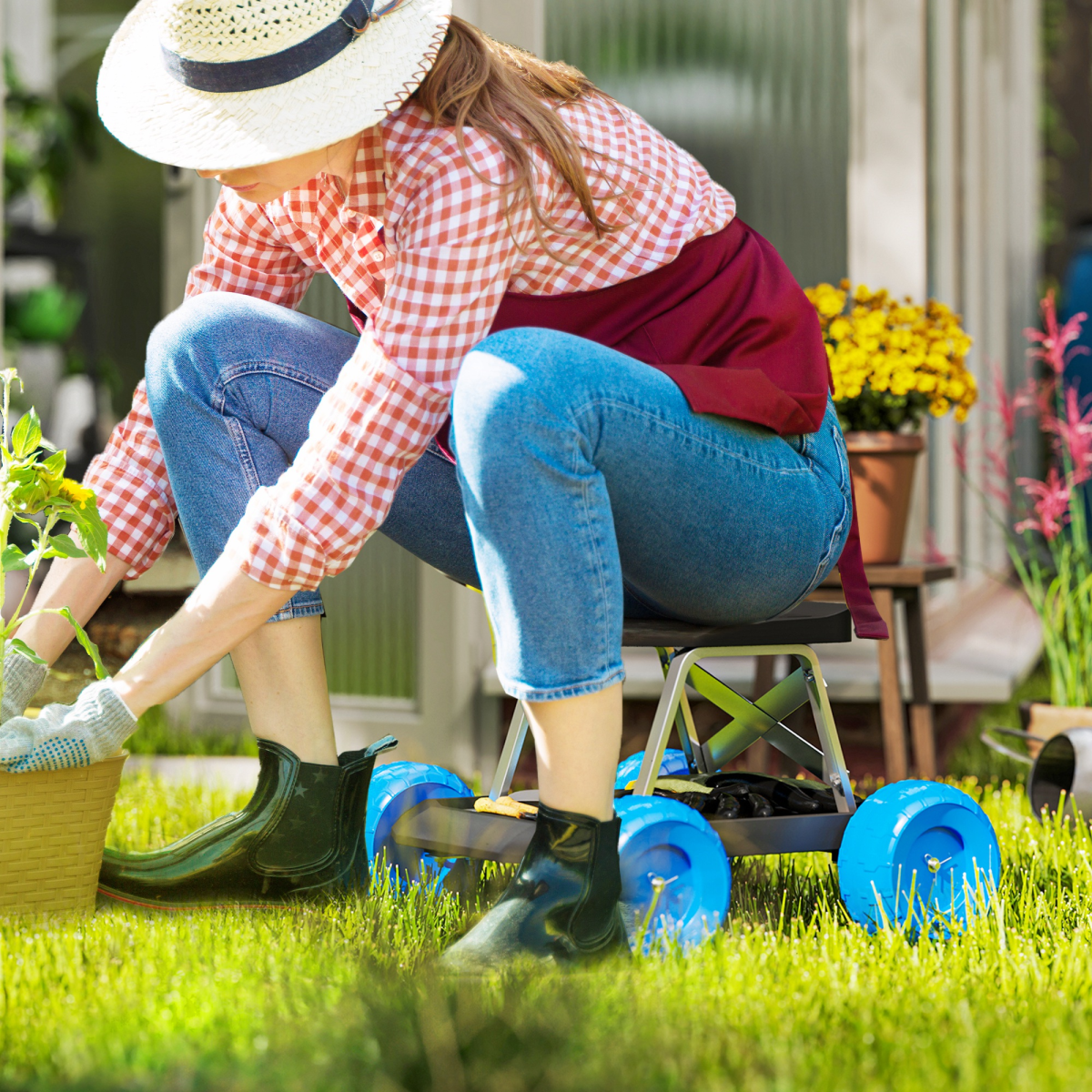 Outsunny Garden Seat Cart with Wheels and Tool Tray, Blue