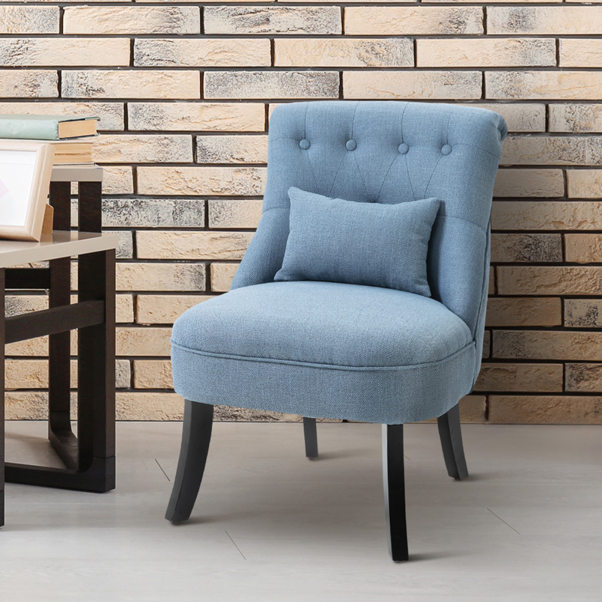 HOMCOM Retro Linen-Look Upholstered Accent Chair with Pillow, Wooden Legs