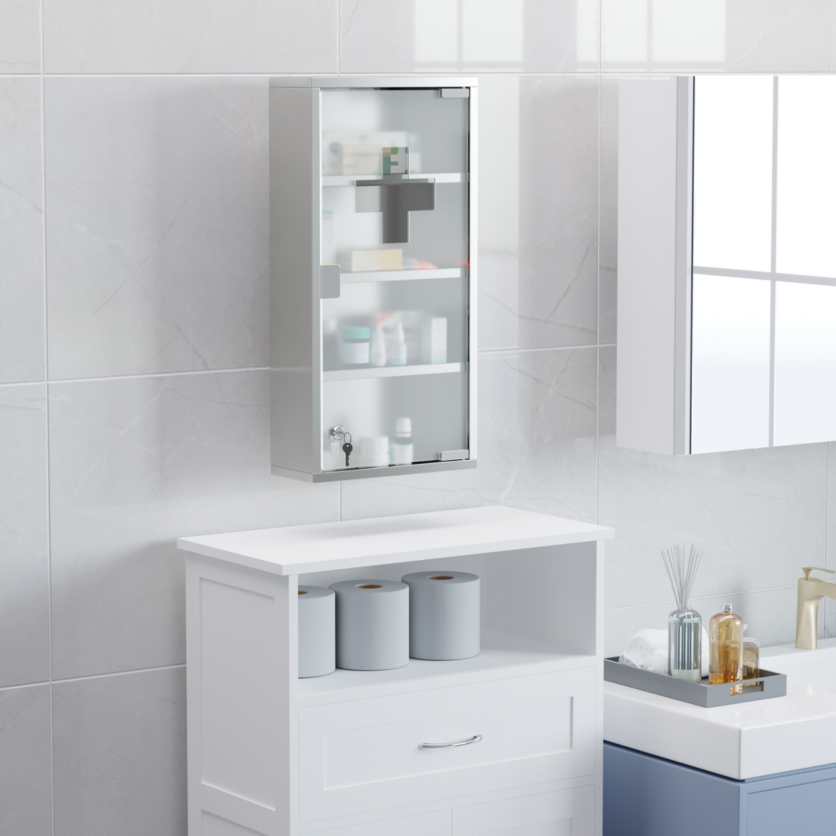 Wall Mounted First Aid Medicine Cabinet with Locking Door, 4-Tier 430 Stainless Steel, 60H x 30W x 12Dcm, Unbranded