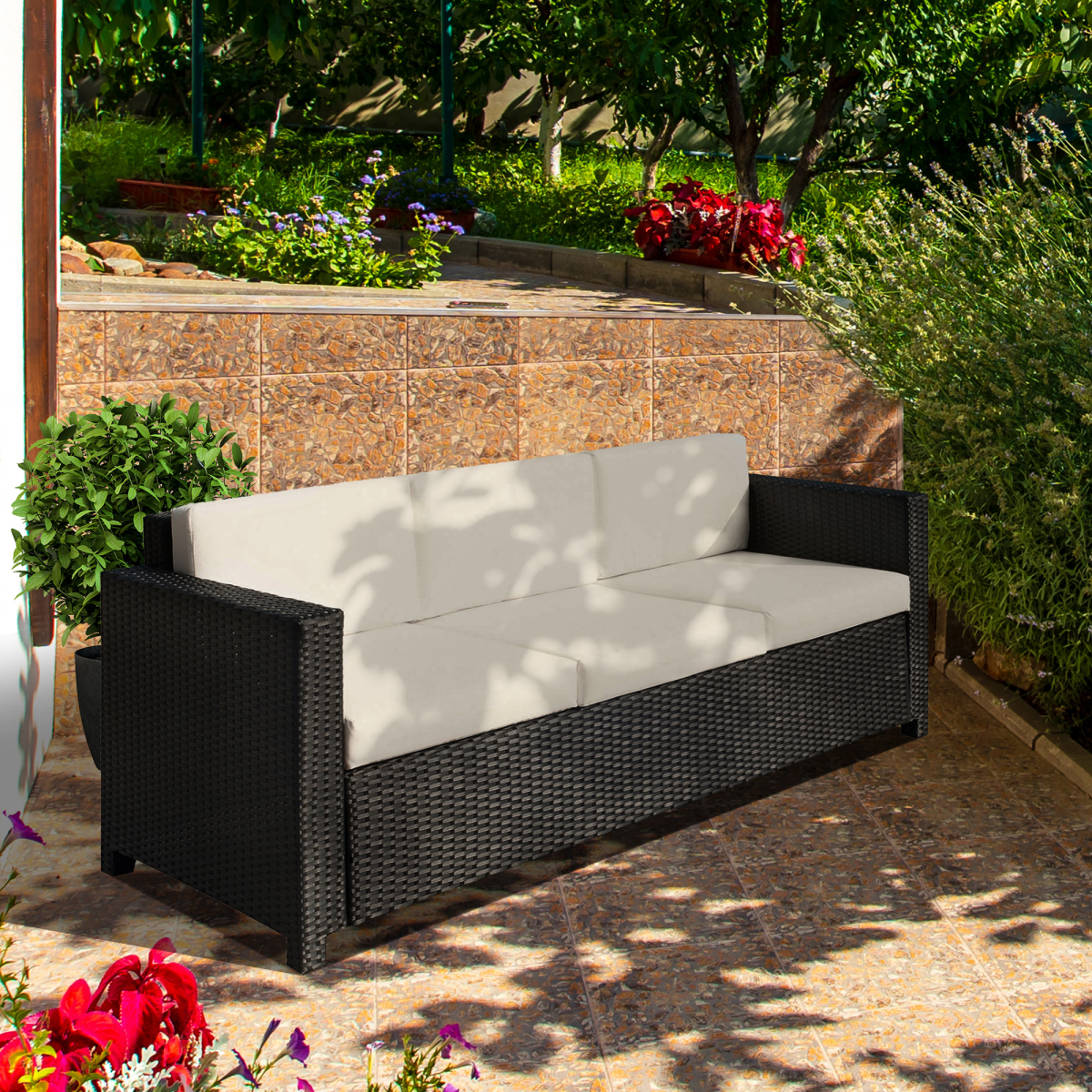 Outsunny 3 Seater Rattan Garden Sofa with Cushions Brown Outdoor Patio Wicker Weave Furniture