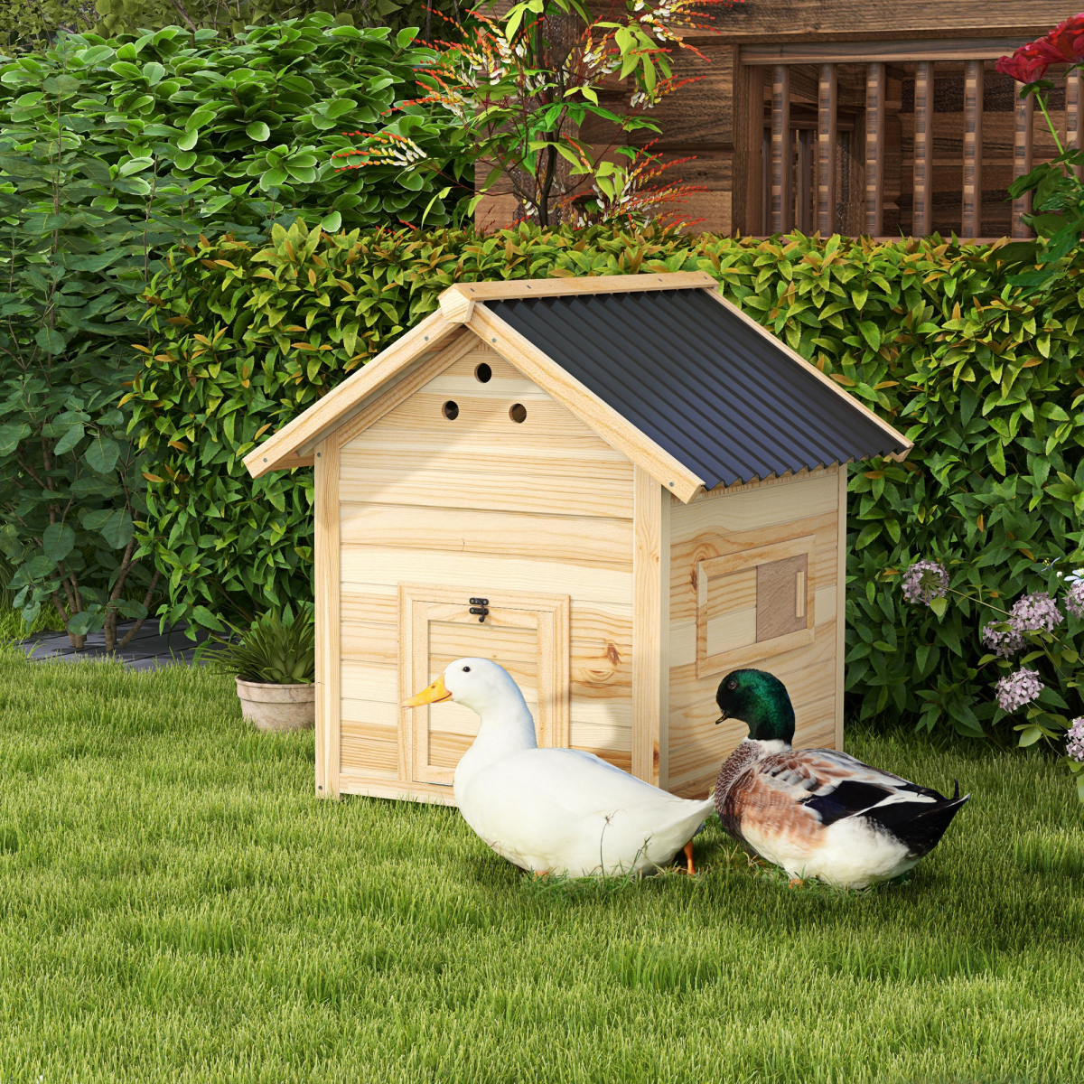 PawHut Wooden Duck House Poultry Coop with Double Doors, Openable Roof