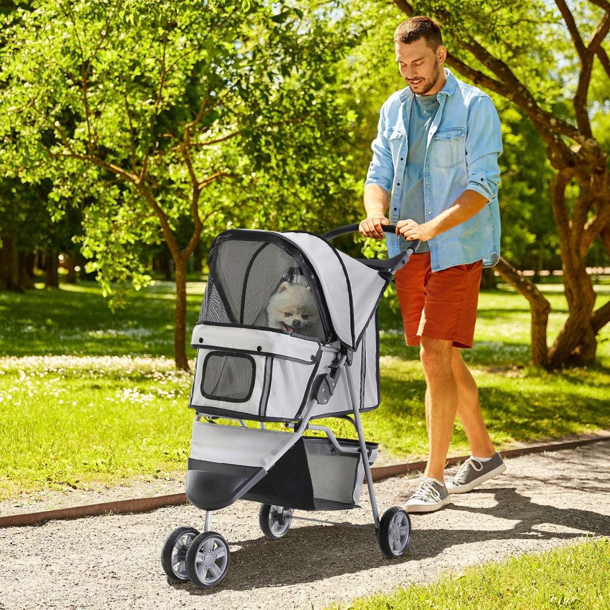 3-Wheel Pet Stroller Pushchair Carrier for Cats and Small Dogs, Grey