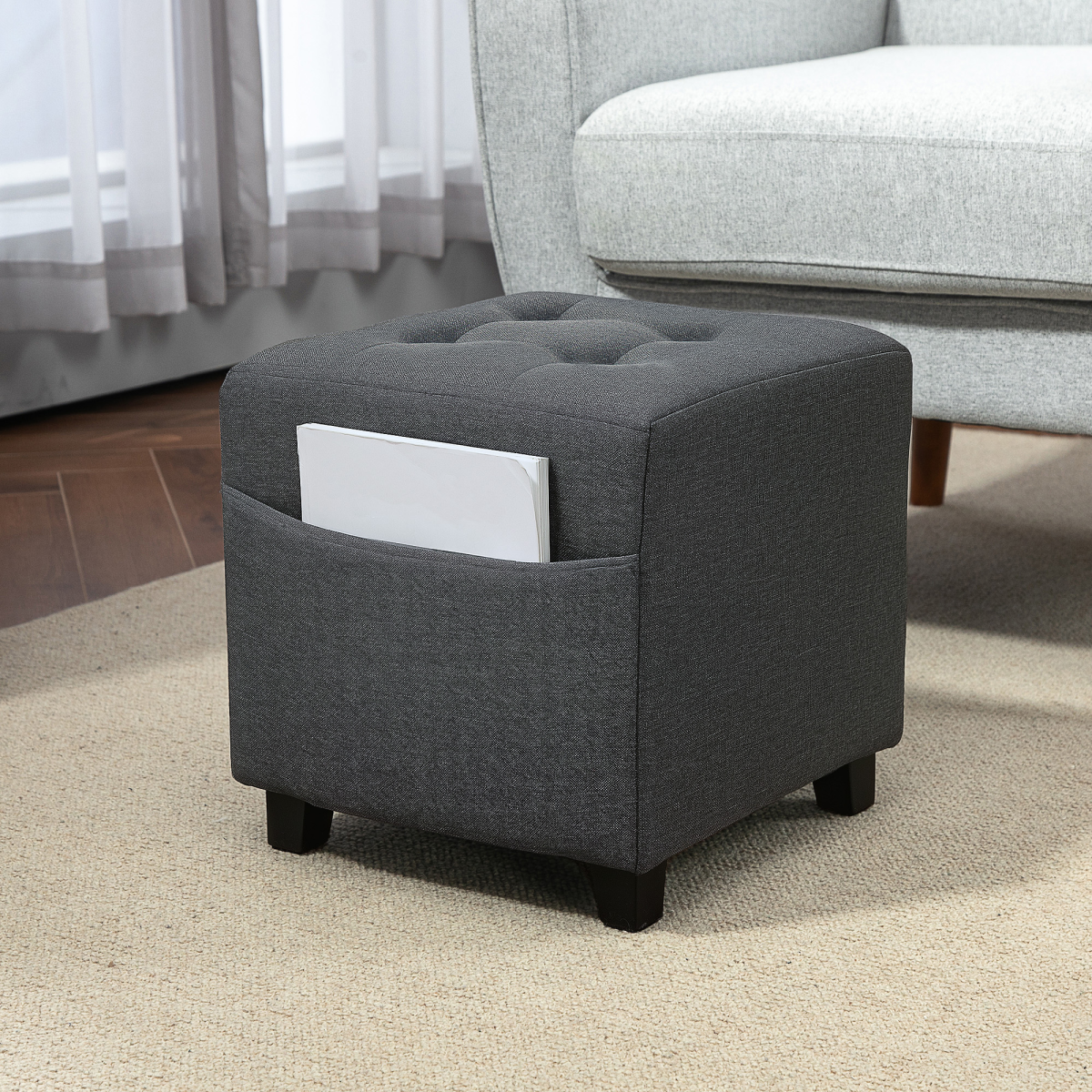 HOMCOM Square Padded Footstool Ottoman with Side Pocket, Grey