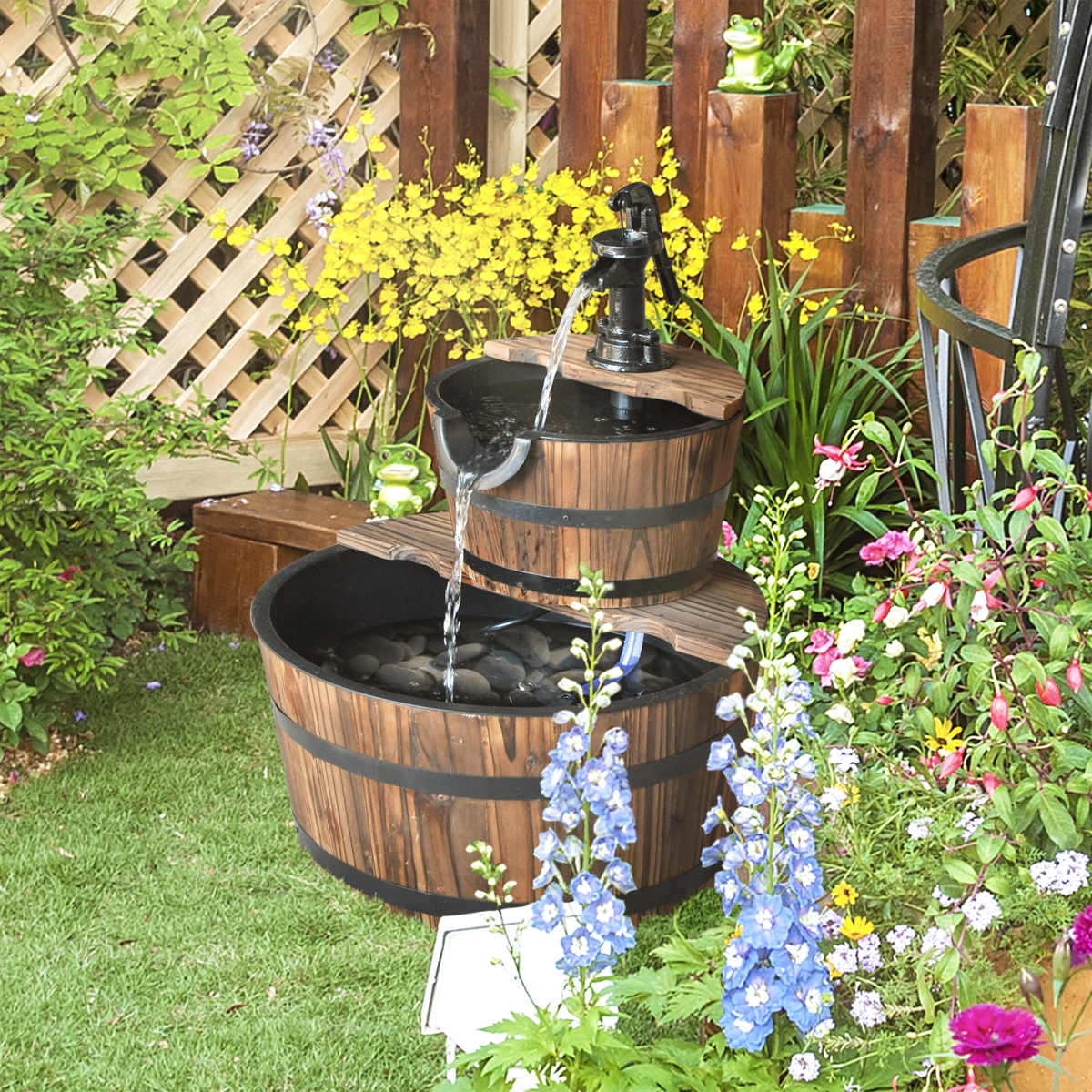 Outsunny 2-Tier Wooden Water Pump Fountain, Fir Wood & Steel