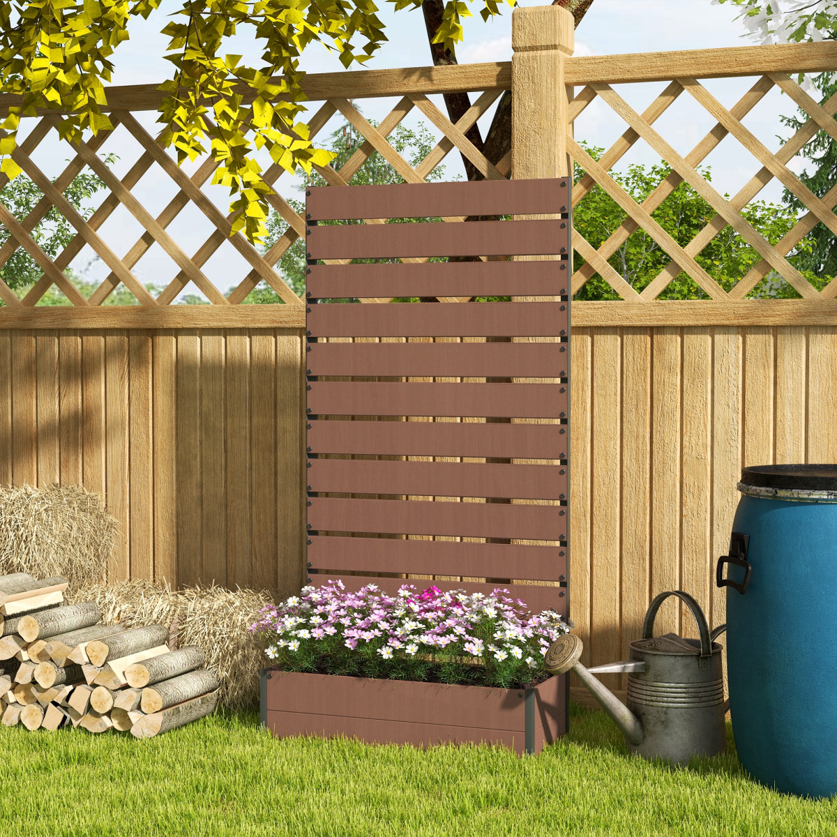 Outsunny Raised Garden Bed with Trellis, Standing Patio Planter Box, Wood-Plastic Composite, Light Brown