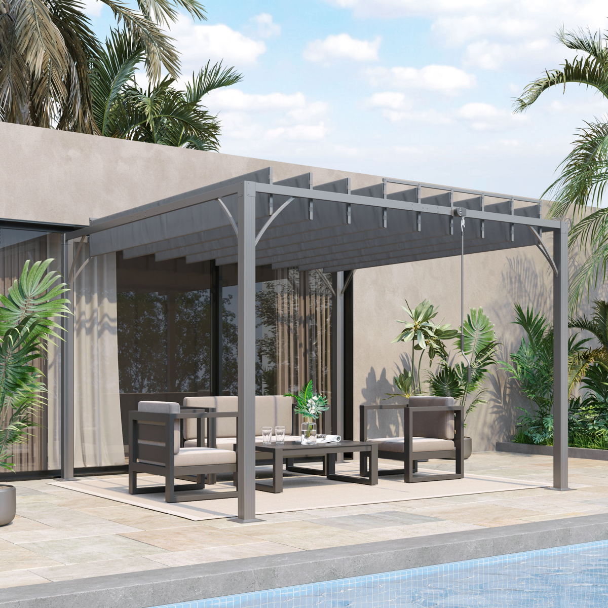 Outsunny 3 x 3m Outdoor Aluminium and Steel Pergola with 135° Louvered Roof, Grey