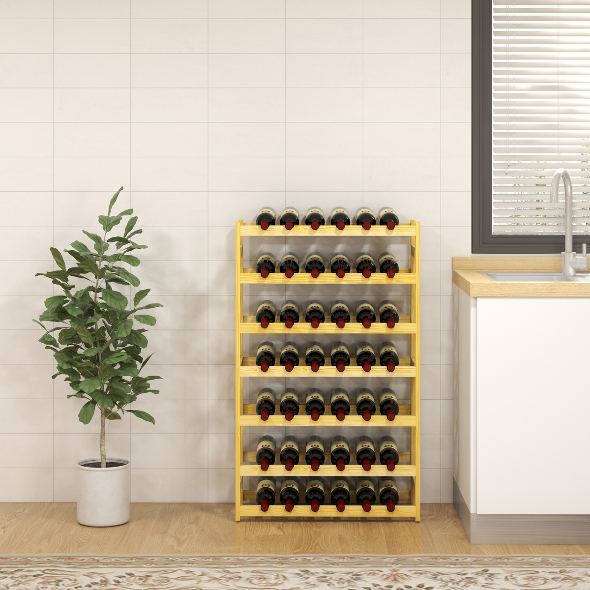 HOMCOM 42-Bottle Freestanding Pine Wood Wine Rack, Natural