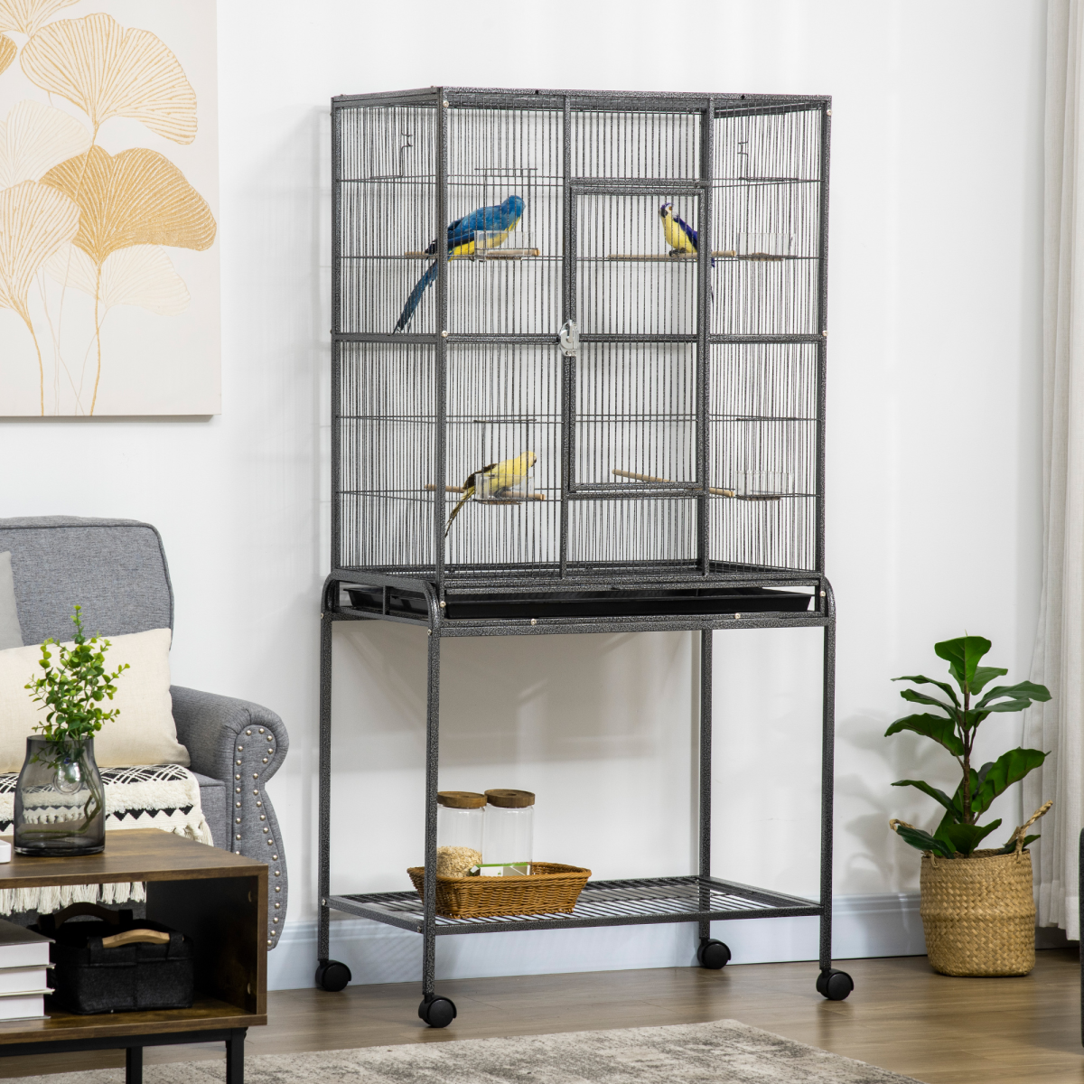 Pawhut Rolling Bird Cage with Detachable Stand, Storage Shelf, Wooden Perches, Food Containers