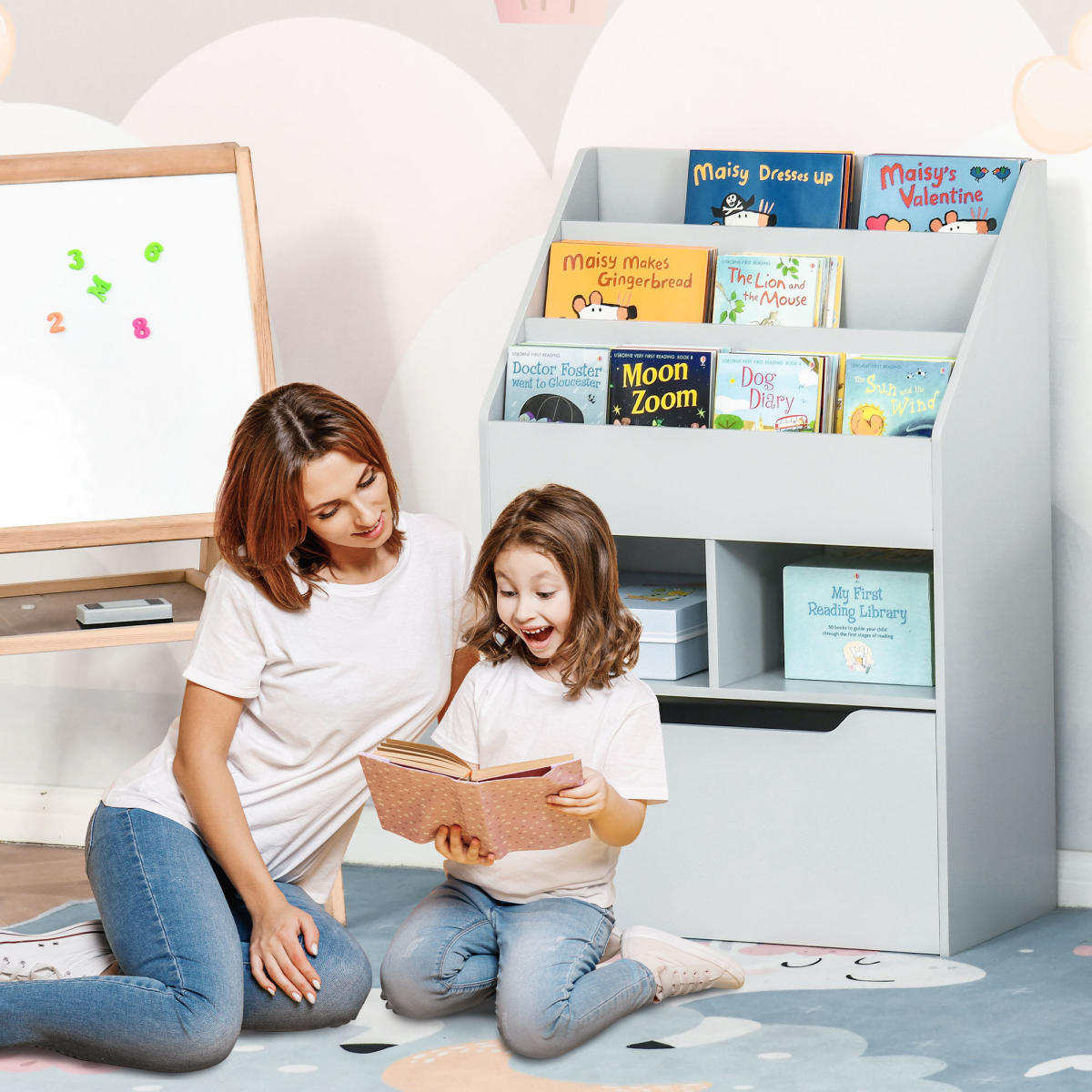 HOMCOM Kids Bookshelf with Toy Storage Drawer and Wheels, Grey