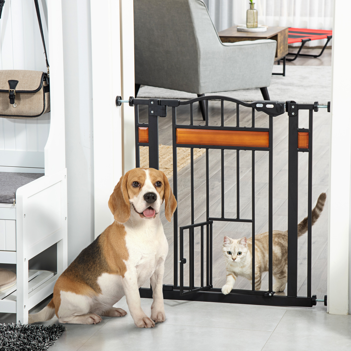 PawHut Dog Safety Gate with Cat Door, Auto-Close, Steel Frame, Pine Decor, 74-80 cm Wide