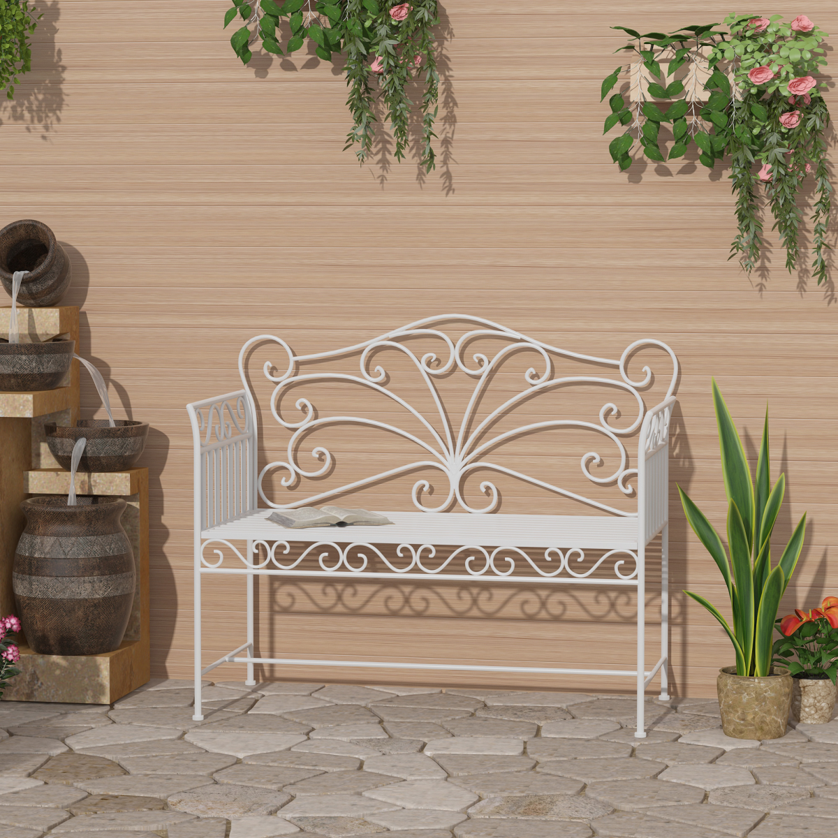 Outsunny 2-Seater White Metal Garden Bench with Backrest